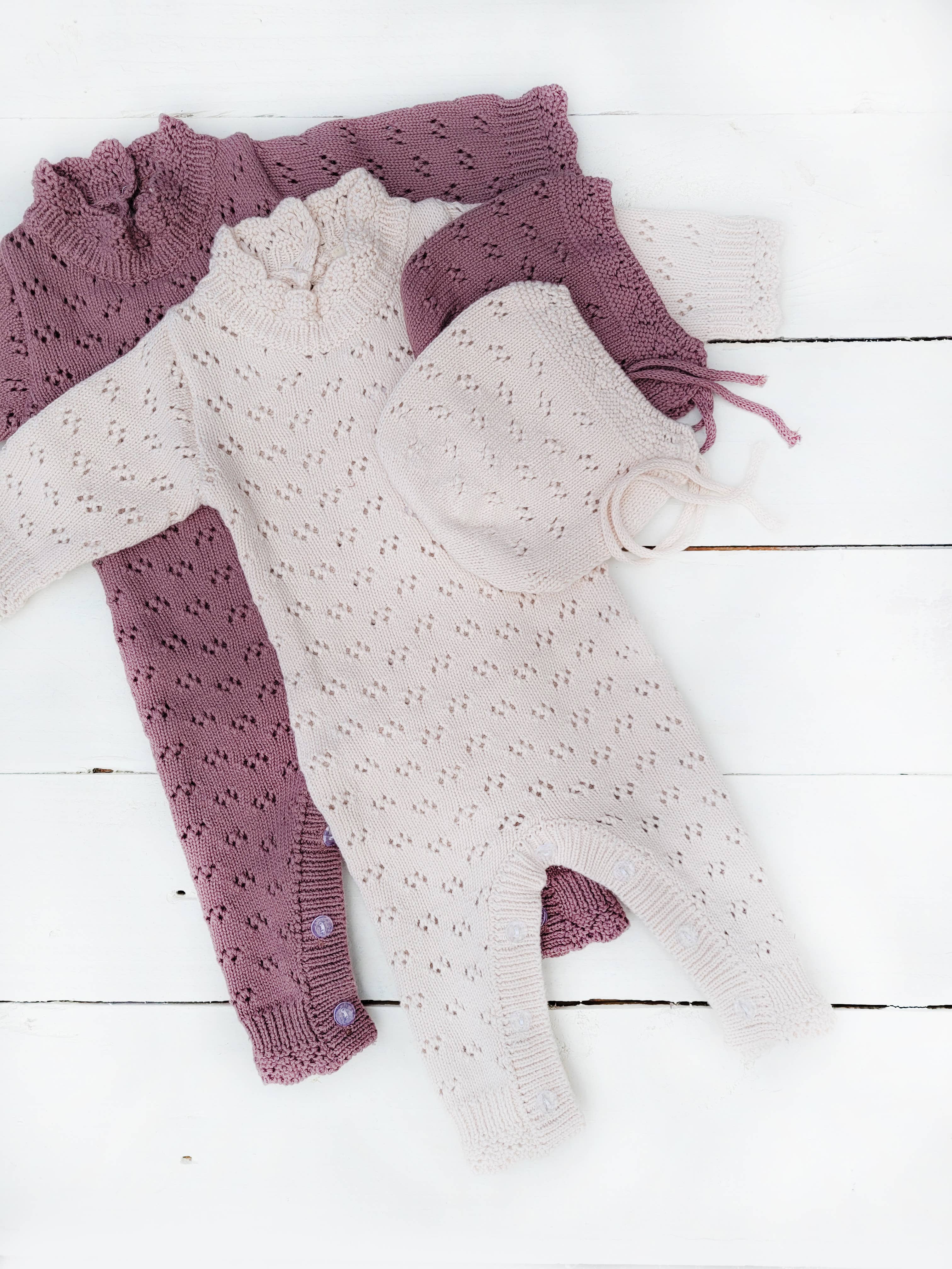 Grace Knitted Romper with Hat 2pc Set Apricot pink or Plum - Image 3