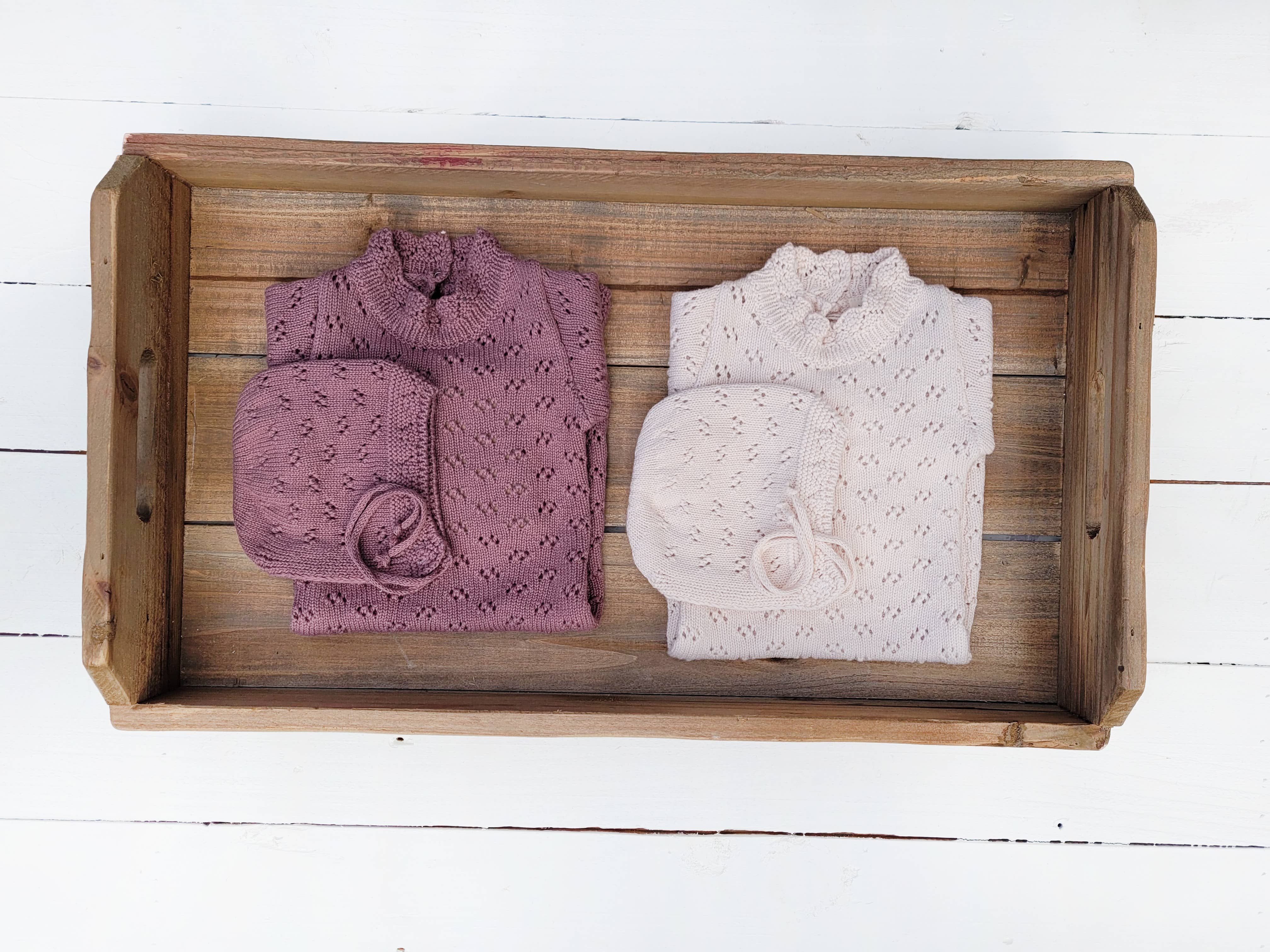 Grace Knitted Romper with Hat 2pc Set Apricot pink or Plum - Image 5