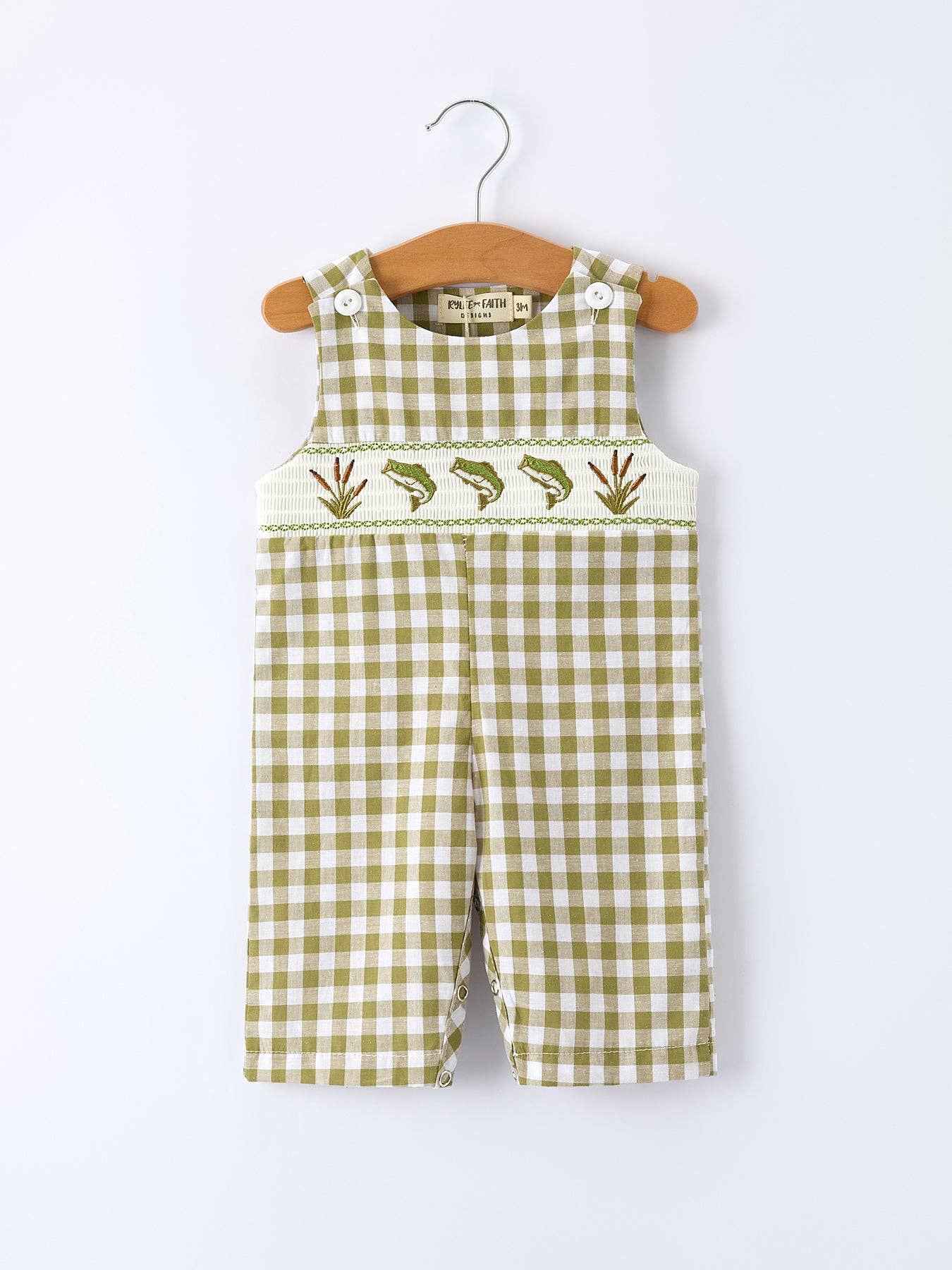 Green Plaid Fish Smocked Baby Boy Romper