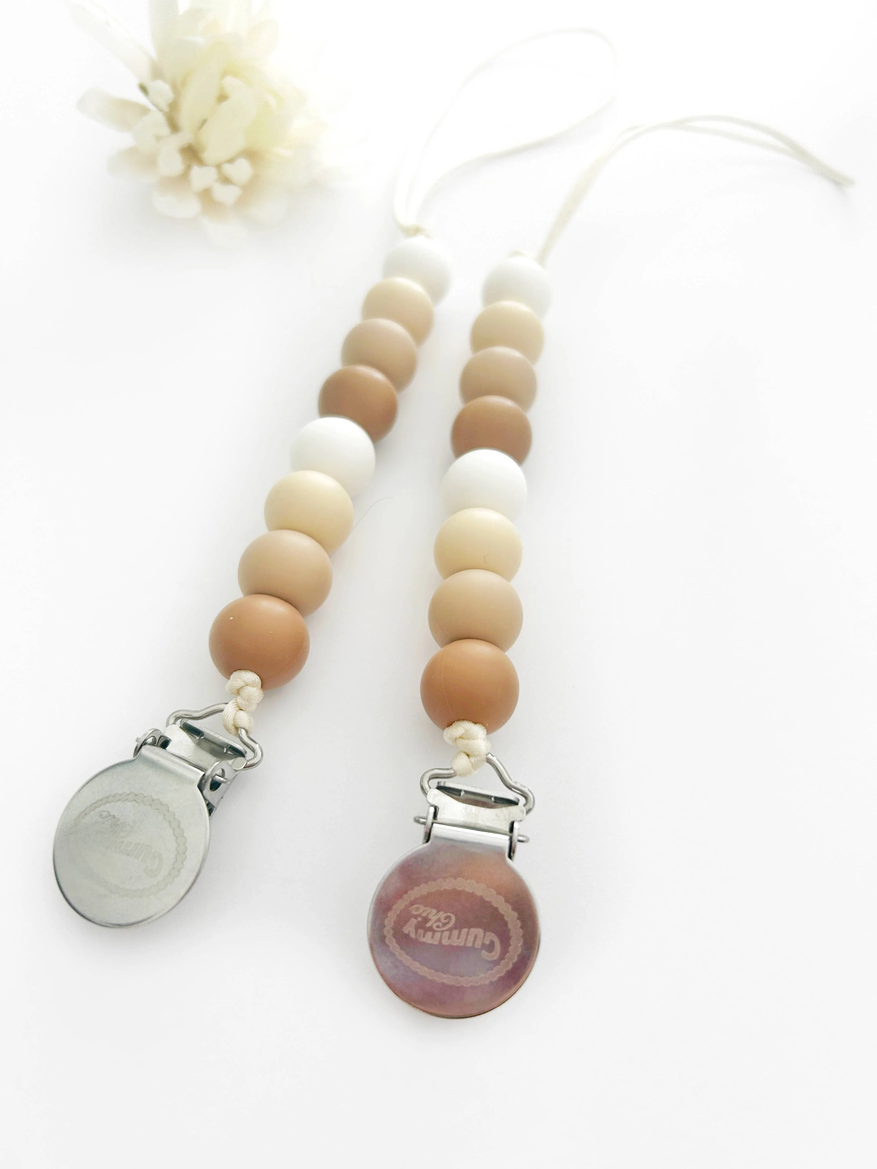 Neutral Beige Silicone Beaded Pacifier Clip - Image 3