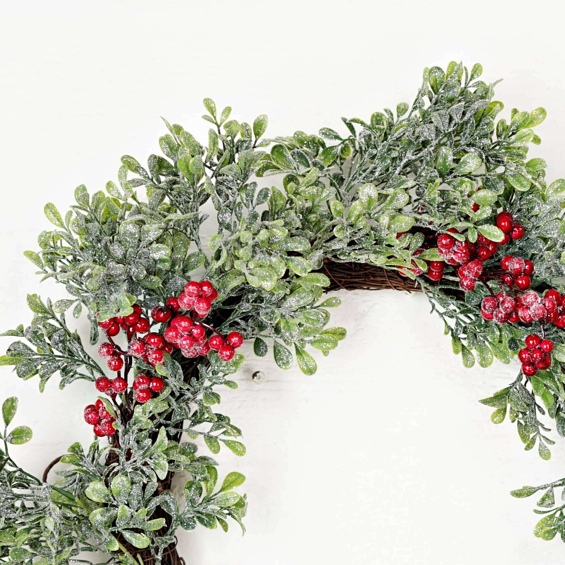 22in Twig Wreath-Icy Sparkle Boxwood with Red - Image 2
