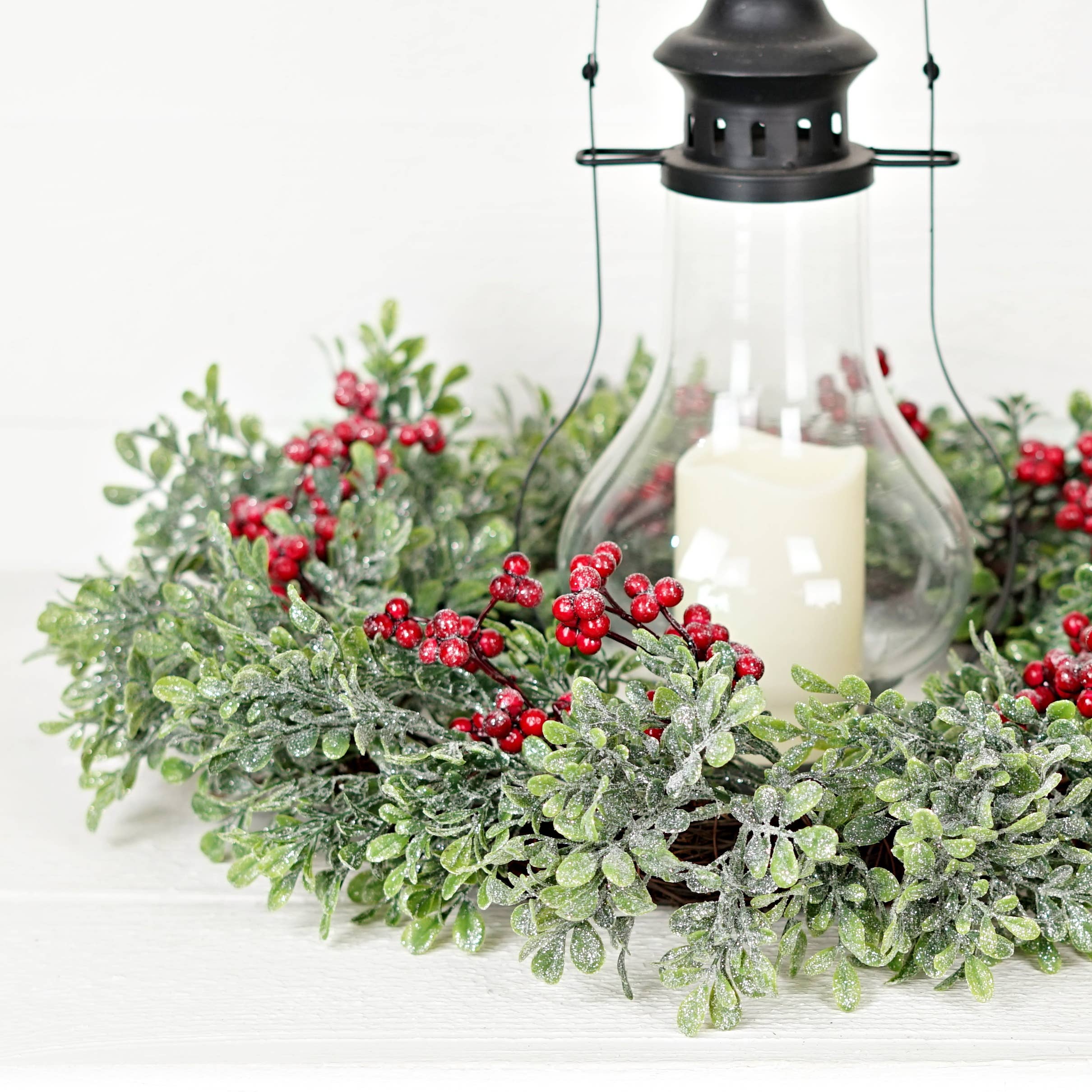 22in Twig Wreath-Icy Sparkle Boxwood with Red - Image 6