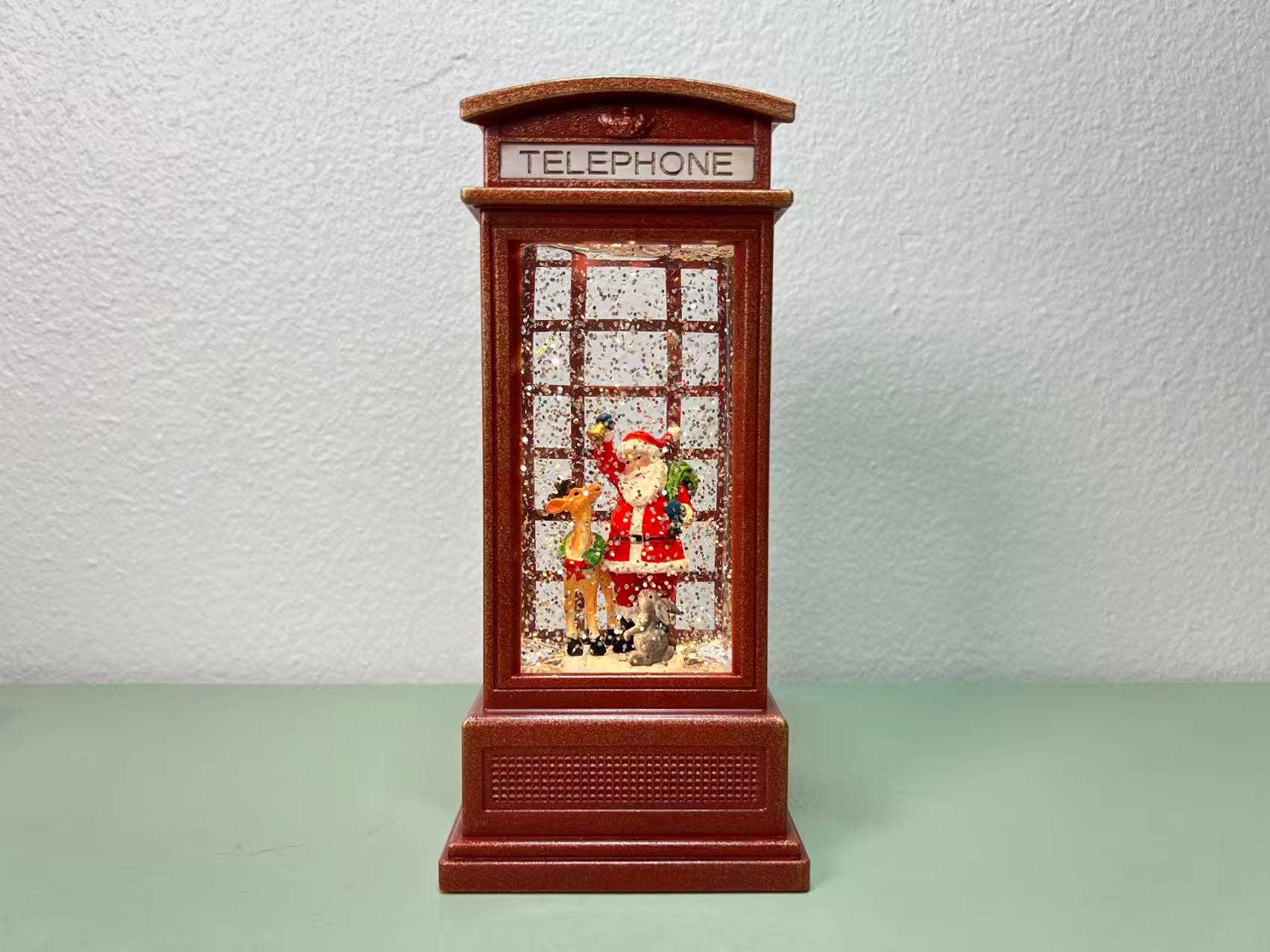 7.85” B/O Lighted Santa Phone Booth Lantern Glitter Globe - Image 2