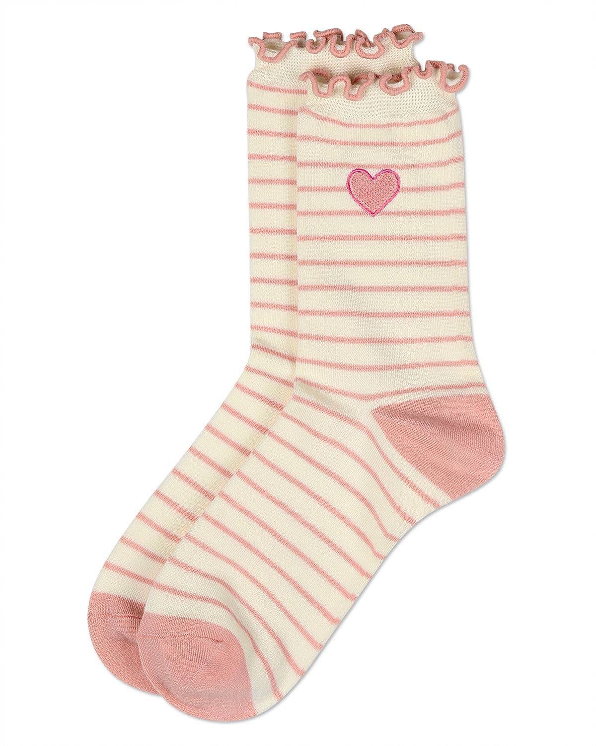 Women's Embroidered Heart Striped Crew Socks - Image 3