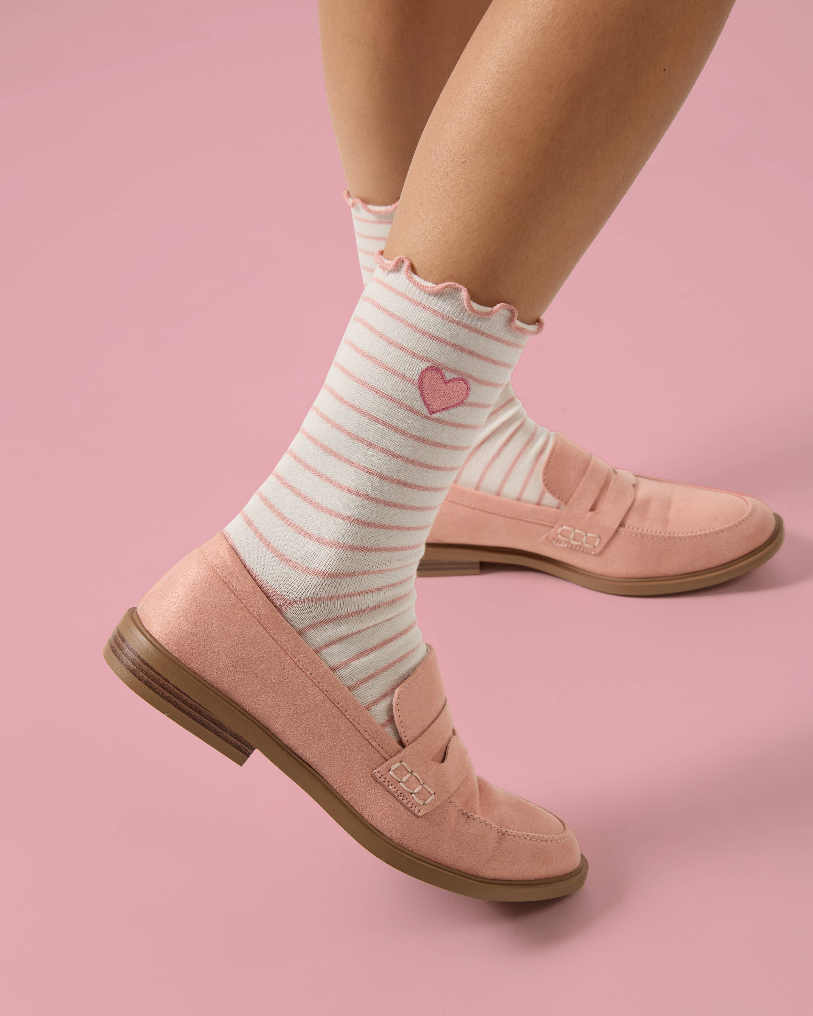 Women's Embroidered Heart Striped Crew Socks - Image 4