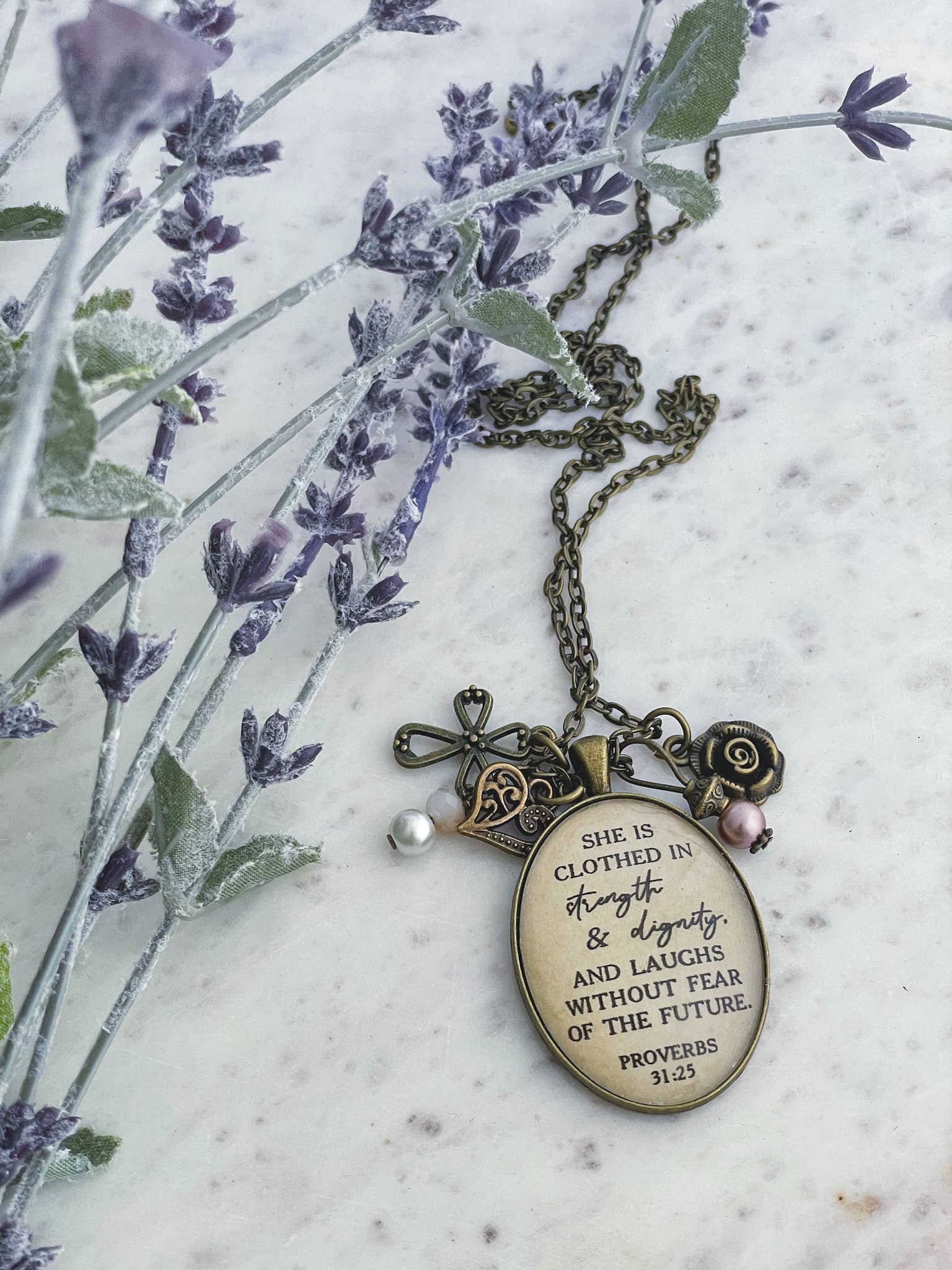She is clothed in strength and dignity Proverbs 31 necklace