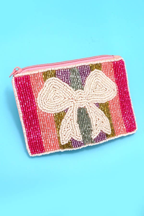 BOW RIBBON RAINBOW WHITE SEED BEAD HOLIDAY POUCH | 91P780 - Image 2