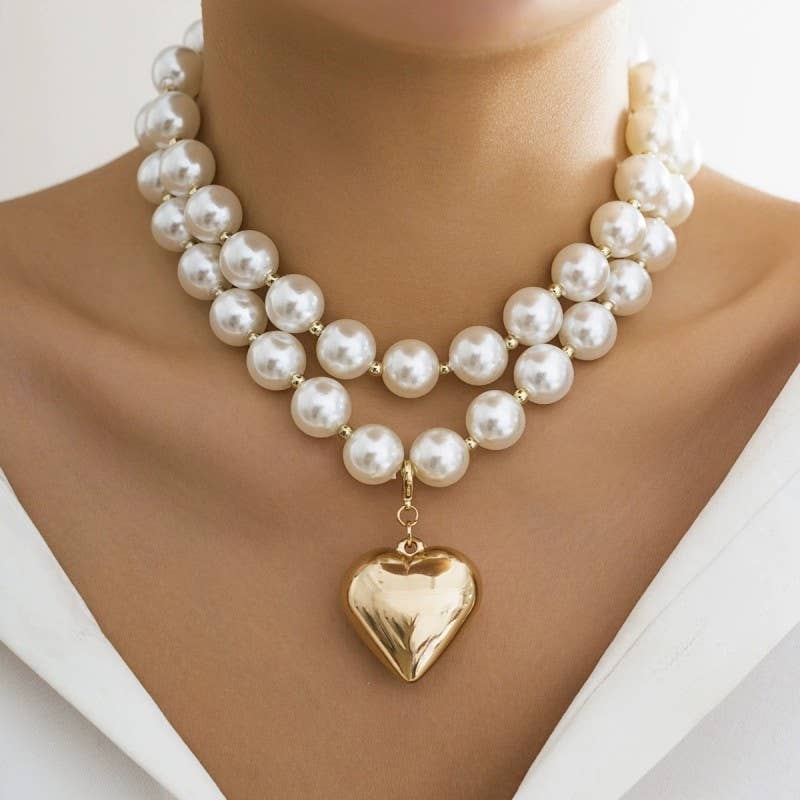 LUSTROUS PEARL BEADED LAYERED HEART NECKLACE | 40NK9456 - Image 2