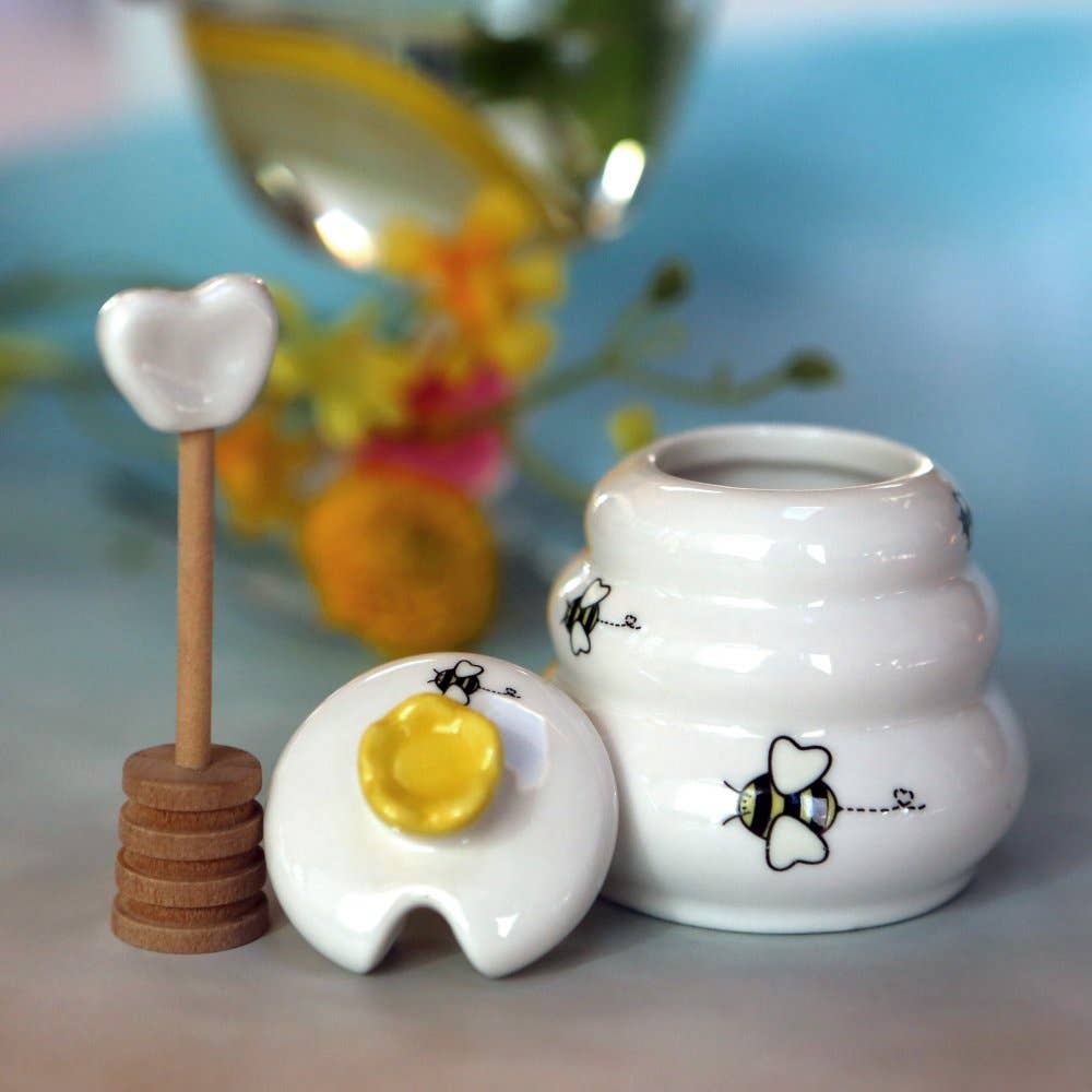 "Sweet As Can Bee" Ceramic Honey Pot with Wooden Dipper - Image 3