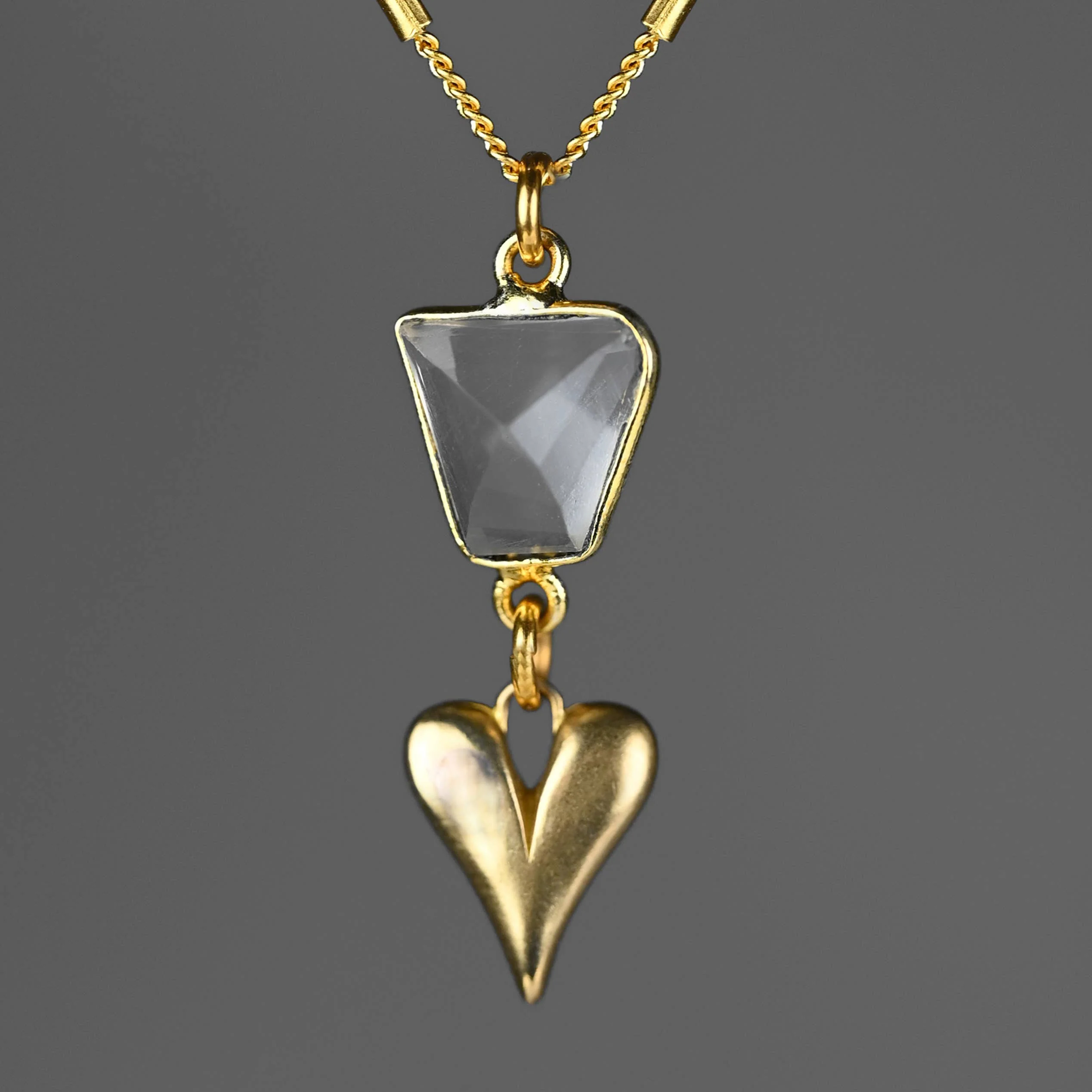 Brass Sculptured Heart w/ Crystal Quartz Necklace