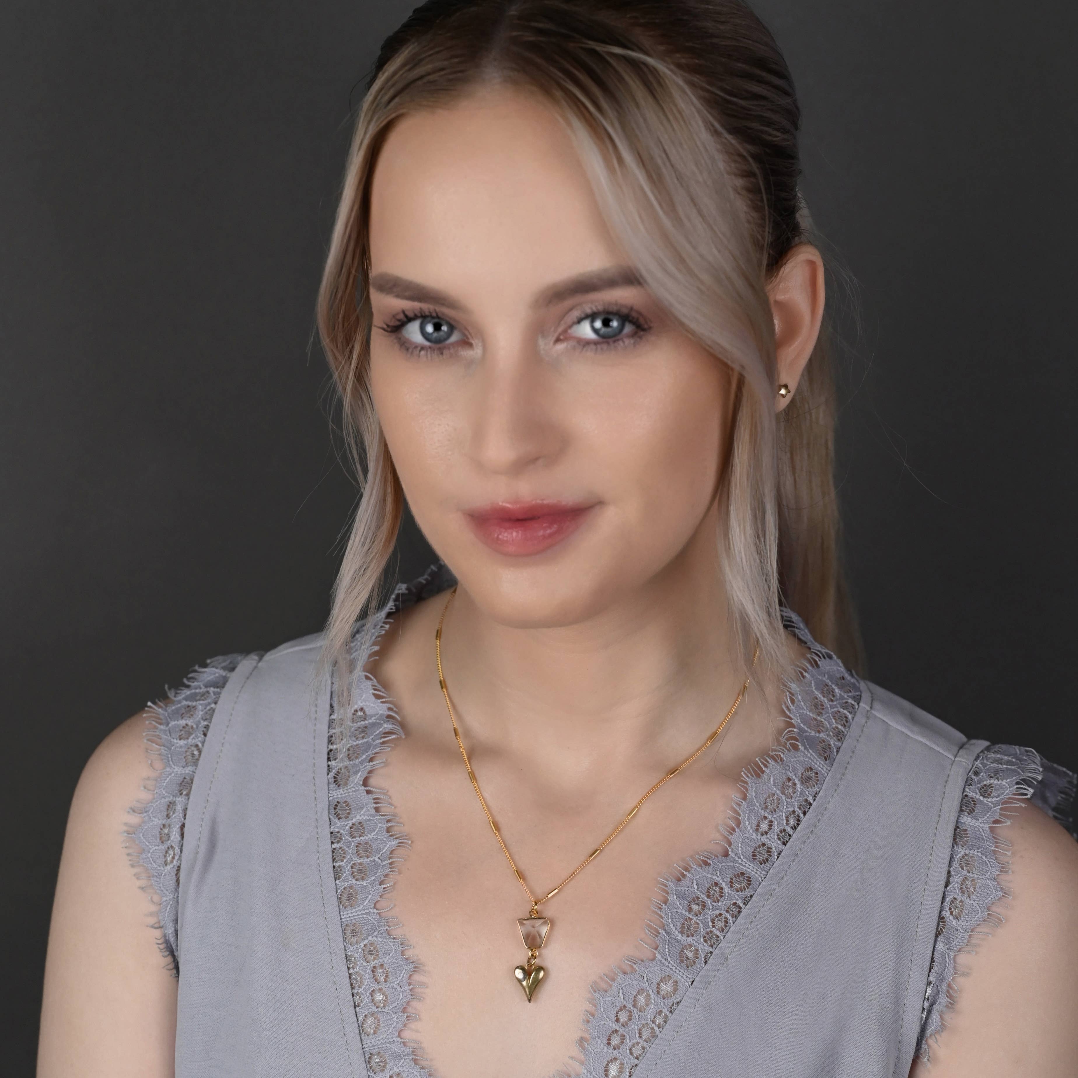 Brass Sculptured Heart w/ Crystal Quartz Necklace - Image 2
