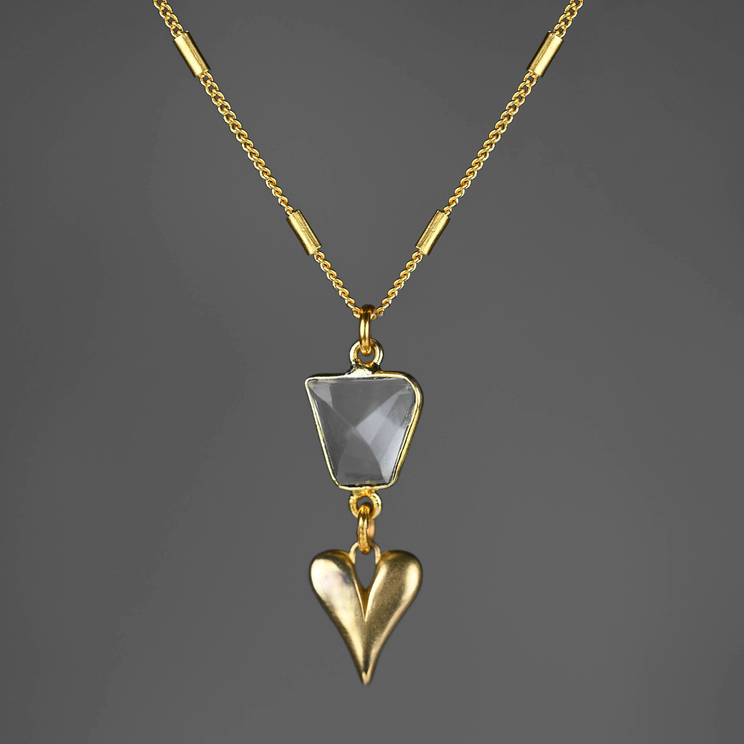Brass Sculptured Heart w/ Crystal Quartz Necklace - Image 3