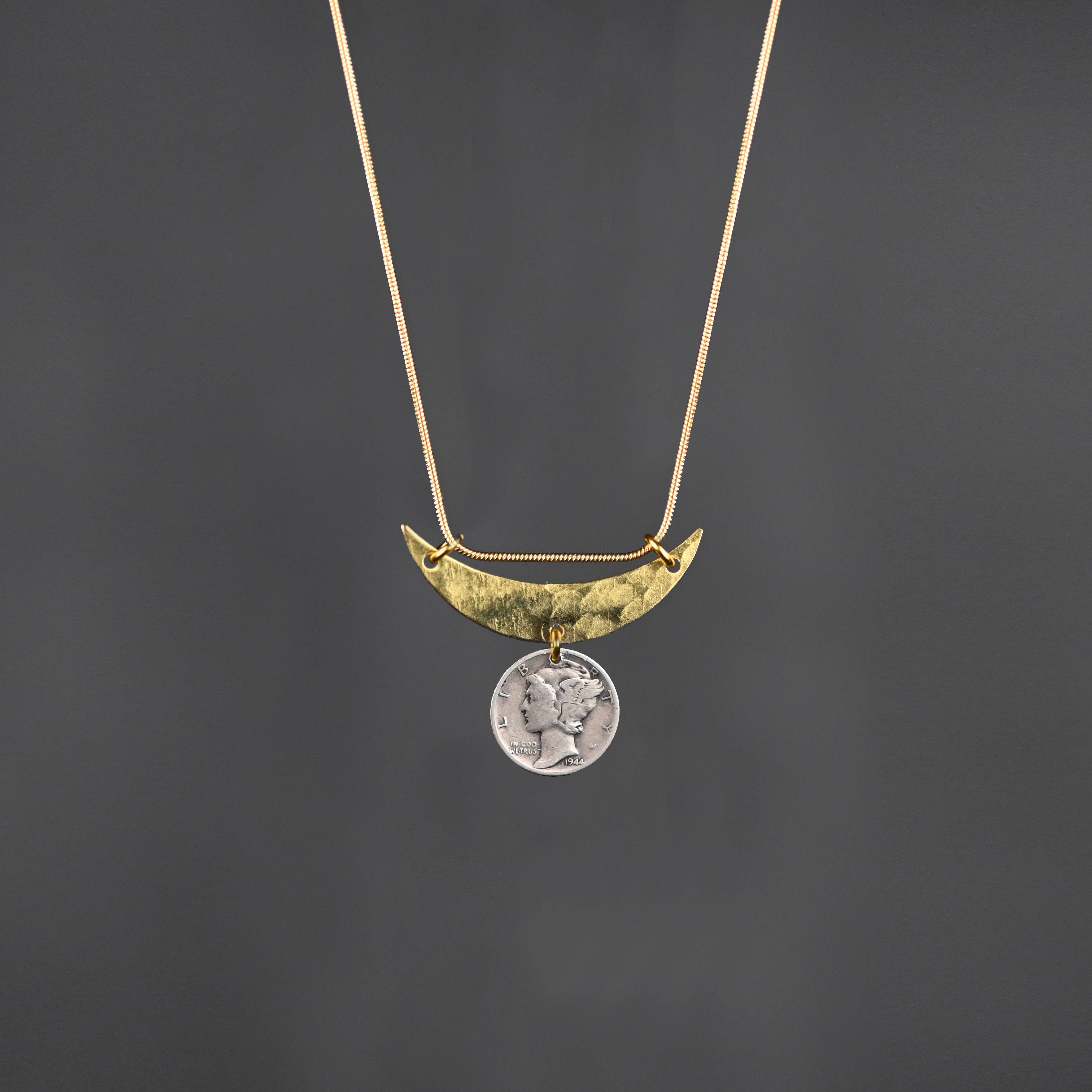 One of a Kind (Silver) Dime w/ Hammered Crescent Necklace - Image 2