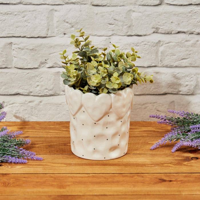 Plant Pot White Wavy Polka Ceramic with Embossed Hearts