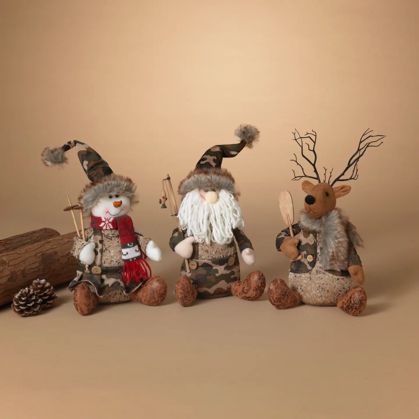 Fabric Camouflage Sitting Holiday Figurine- 13"H