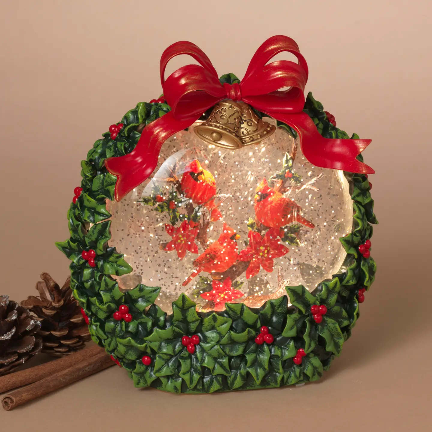 Lighted Spinning Water Globe with Holiday Cardinal Scene and Timer