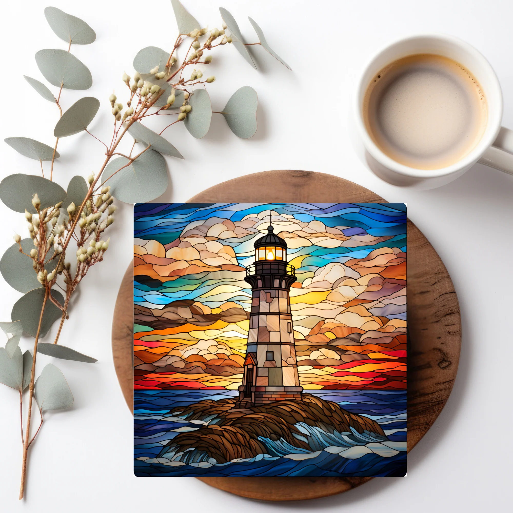 Lighthouse Coaster, Stained Glass Image, SET OF 4