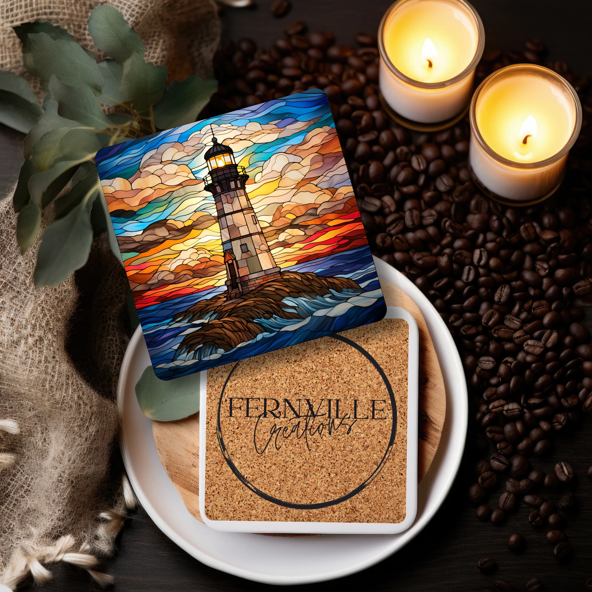 Lighthouse Coaster, Stained Glass Image, SET OF 4 - Image 4