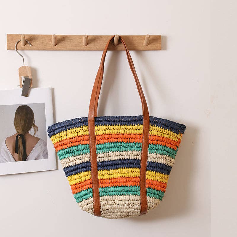 Colorful striped one-shoulder straw bag large-capacity beach bag - Image 2
