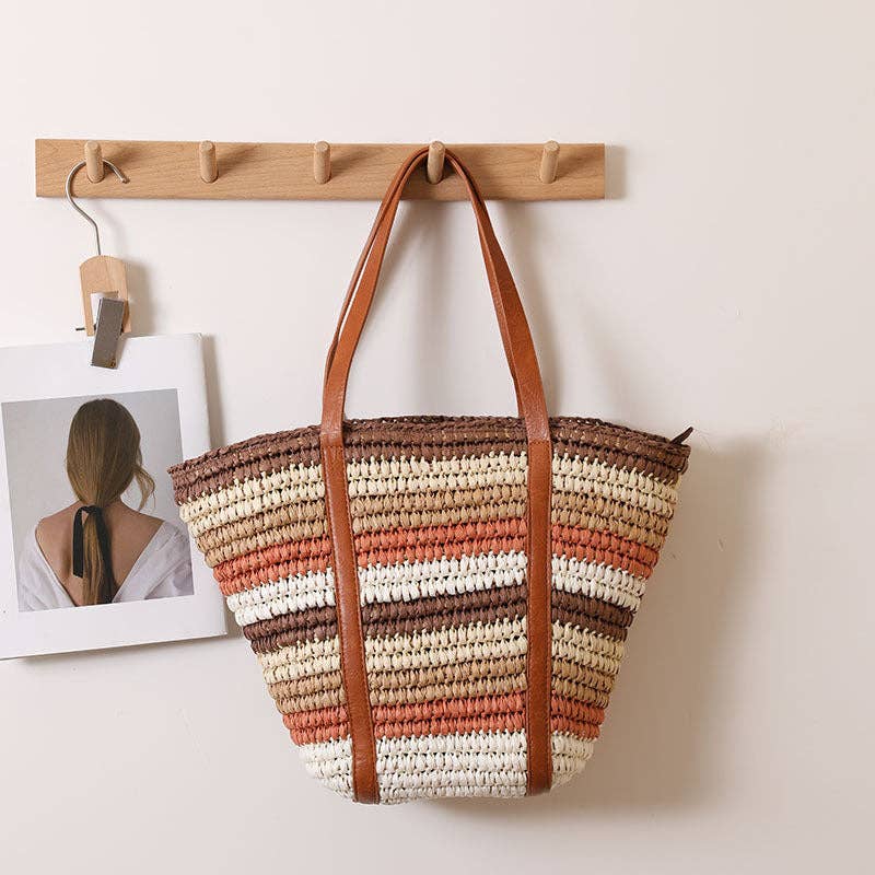 Colorful striped one-shoulder straw bag large-capacity beach bag - Image 3