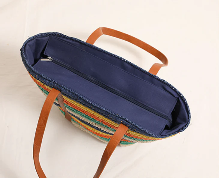 Colorful striped one-shoulder straw bag large-capacity beach bag - Image 4