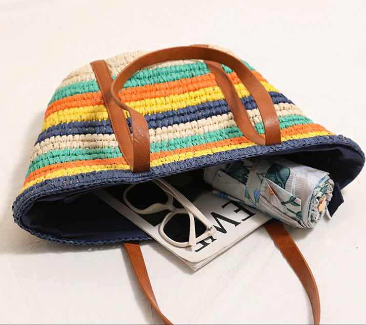 Colorful striped one-shoulder straw bag large-capacity beach bag - Image 5