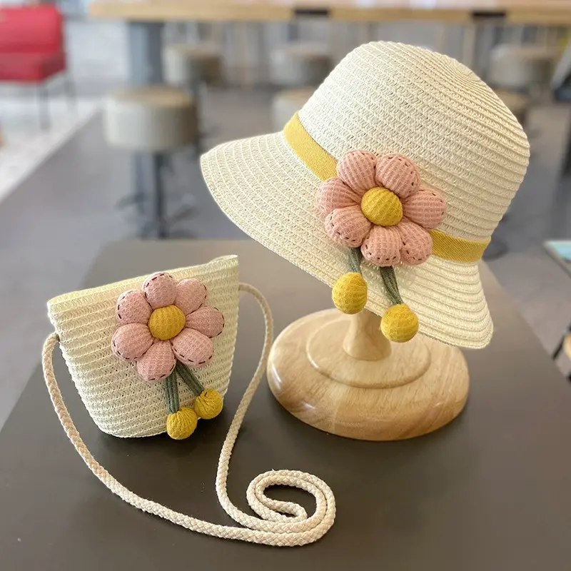Sun Protection Beach Straw hat&flower Straw Bag 2pcs set - Image 2