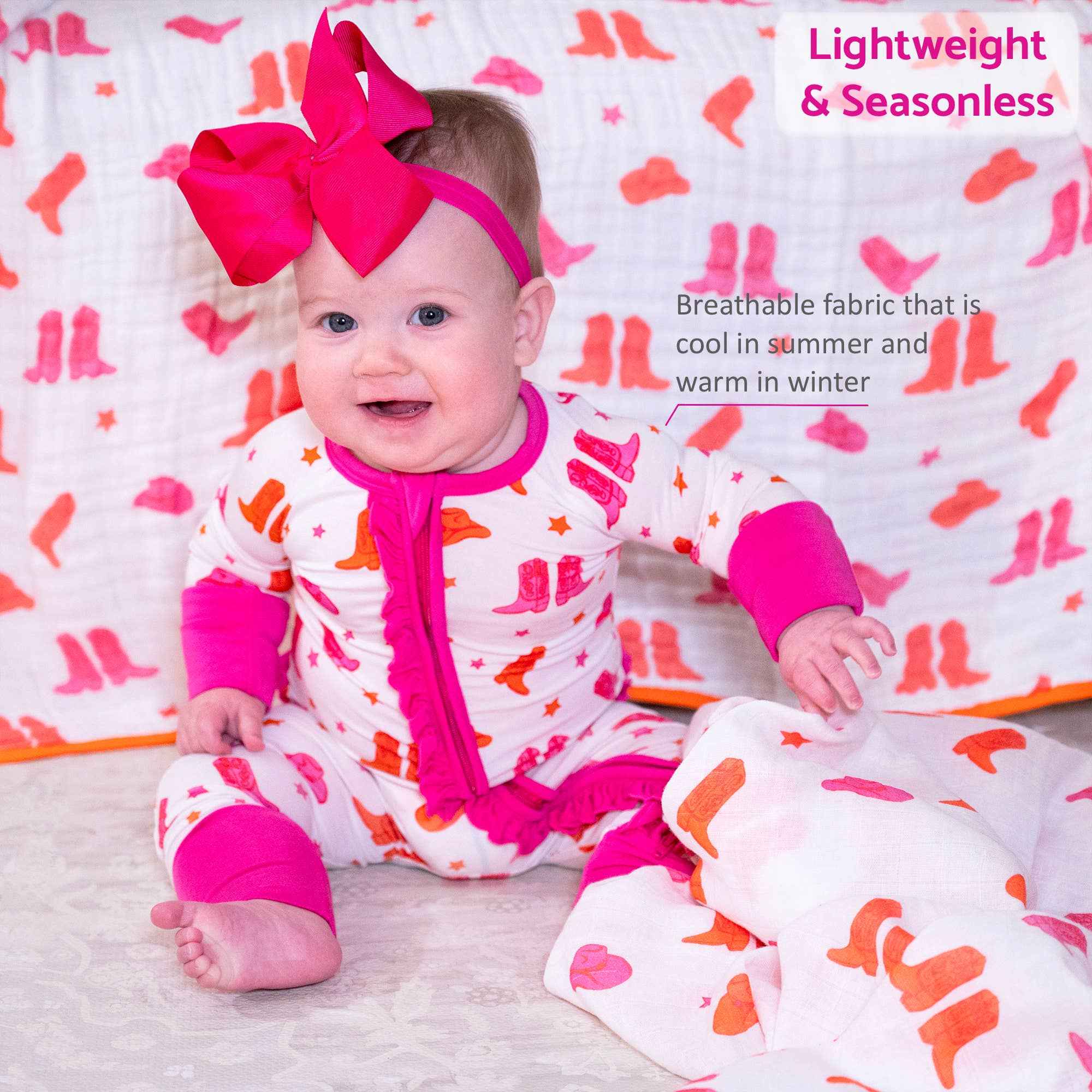 Bamboo Baby Convertible Ruffle Zipper Pajamas - Cowgirl Boot - Image 2