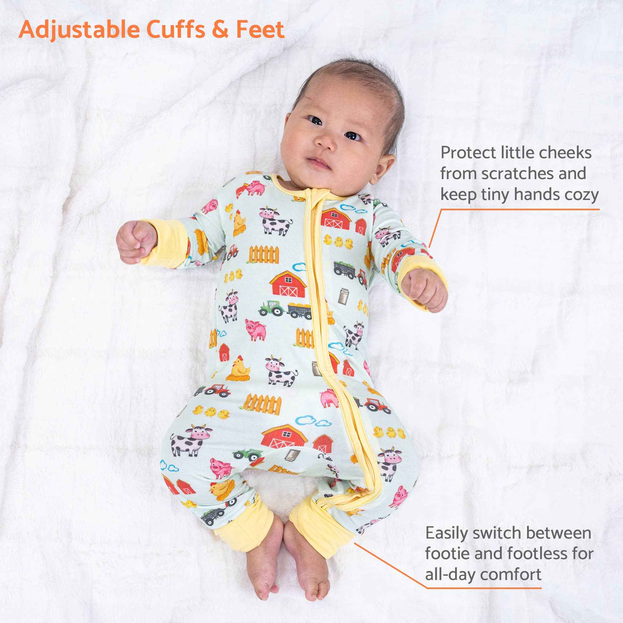Bamboo Baby Convertible Zipper Pajamas - Farm Pigs Cows Barn - Image 2