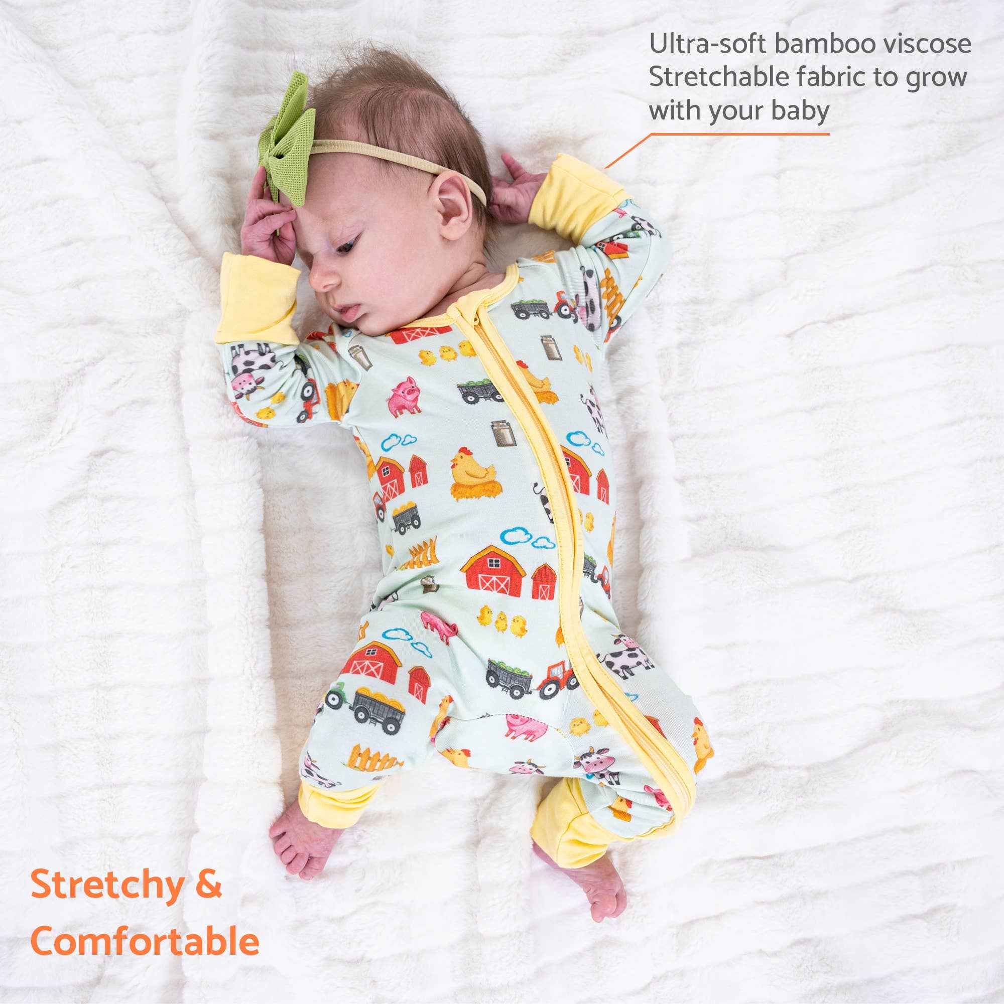 Bamboo Baby Convertible Zipper Pajamas - Farm Pigs Cows Barn - Image 3