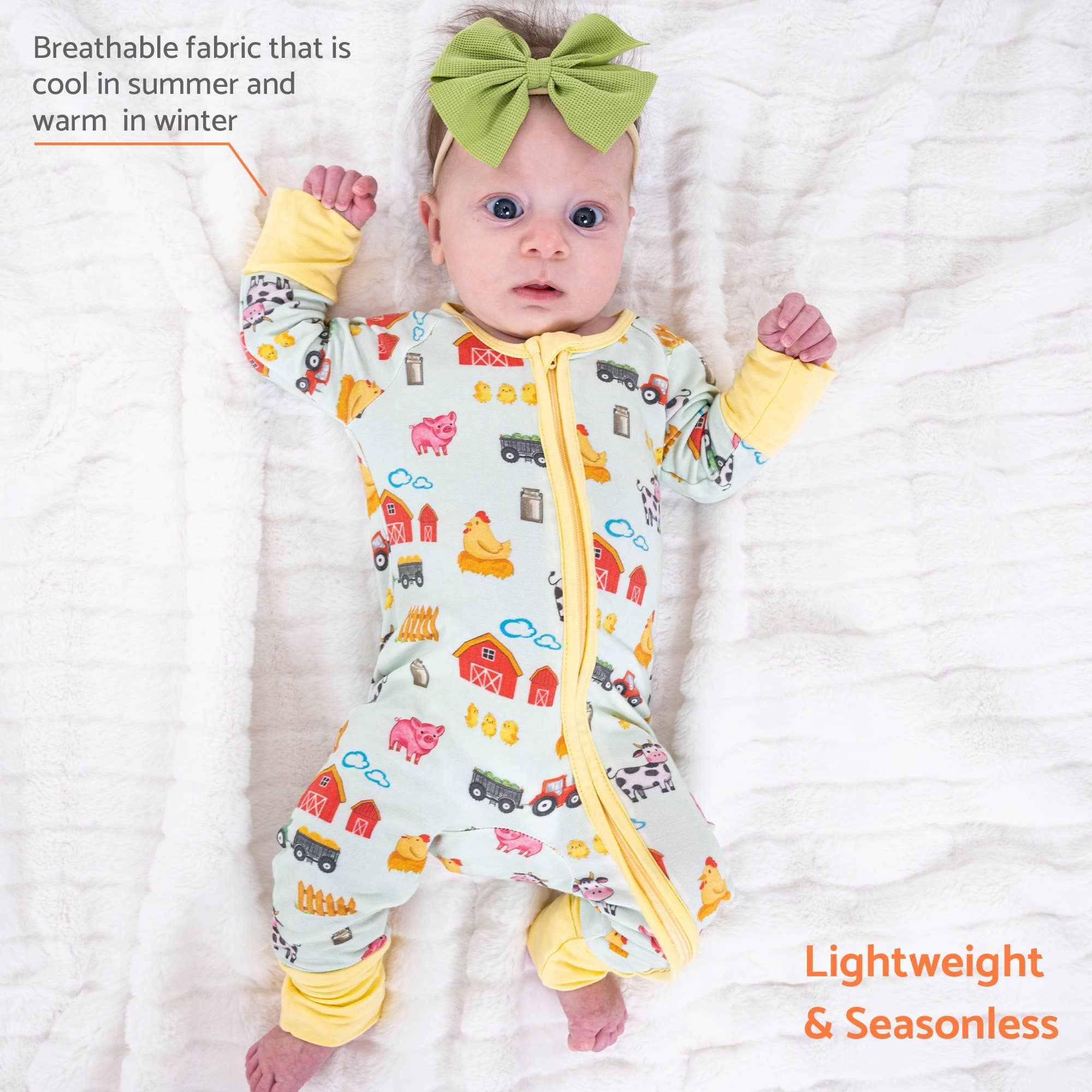 Bamboo Baby Convertible Zipper Pajamas - Farm Pigs Cows Barn - Image 4