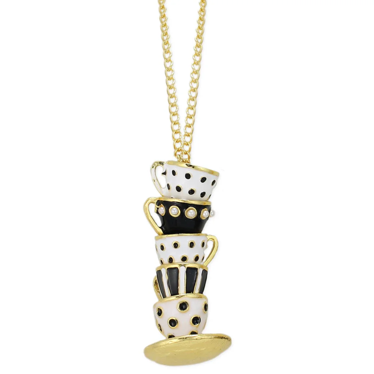 Mad Hatter Black Teacup Stack Gold Necklace - Image 2