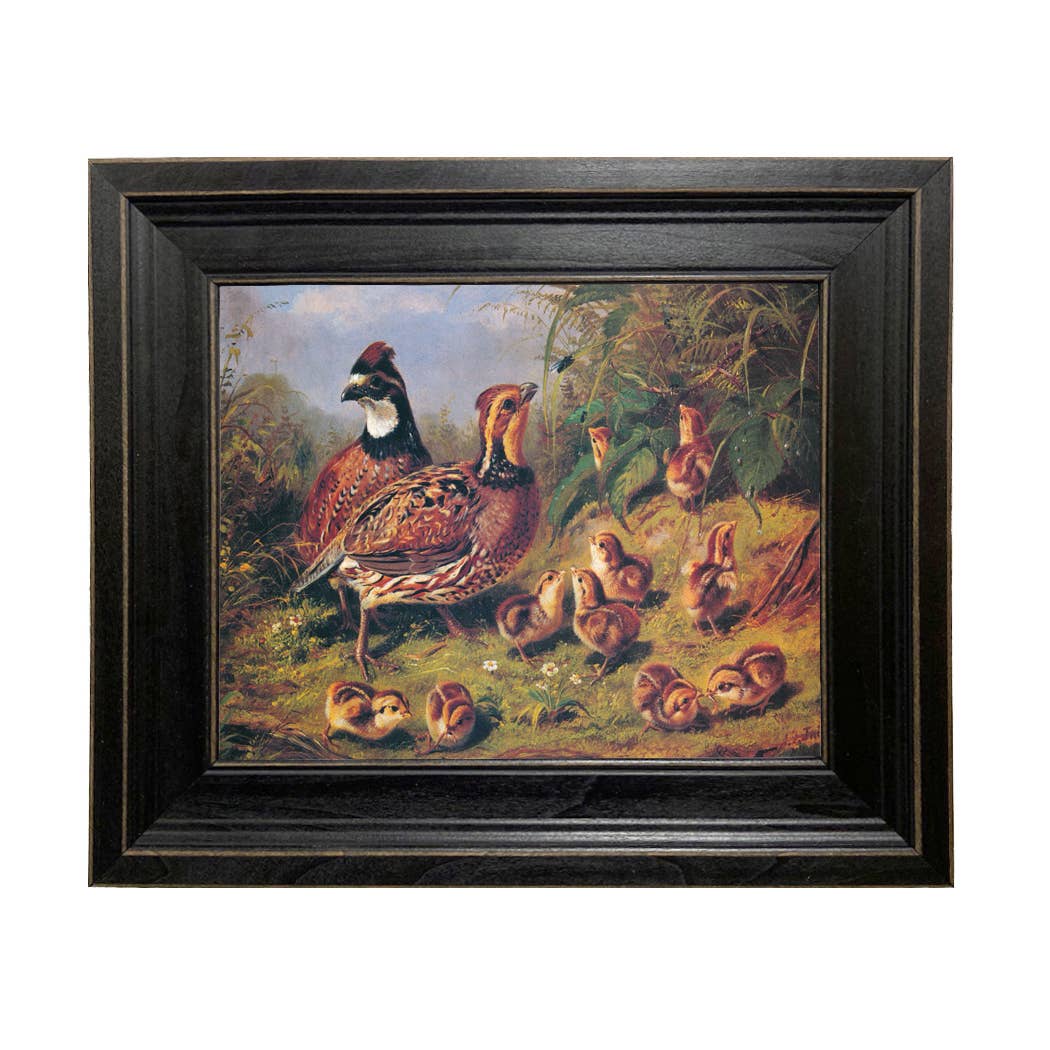 A Brace of Quail & Young Framed Painting Print on Canvas