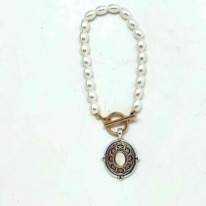 medallion Pearl Glass Beads W/Filigree Mother of Pearl