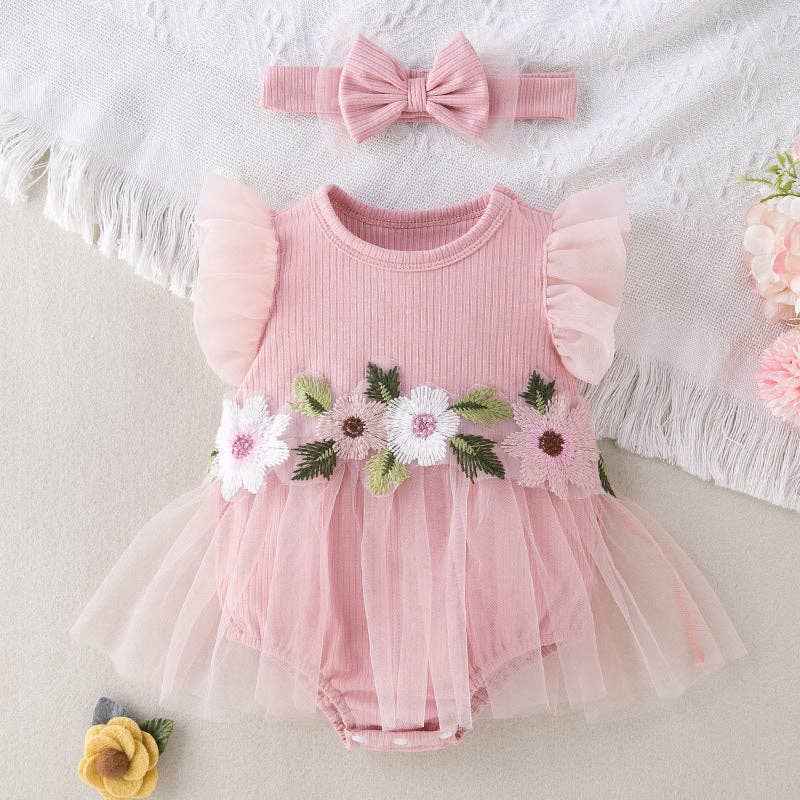 Mesh flowers embroidery flutter sleeve romper for baby girls