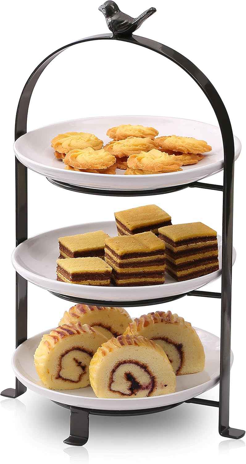 Metal 3 Tiered Serving Stand w/ White Stoneware Plates