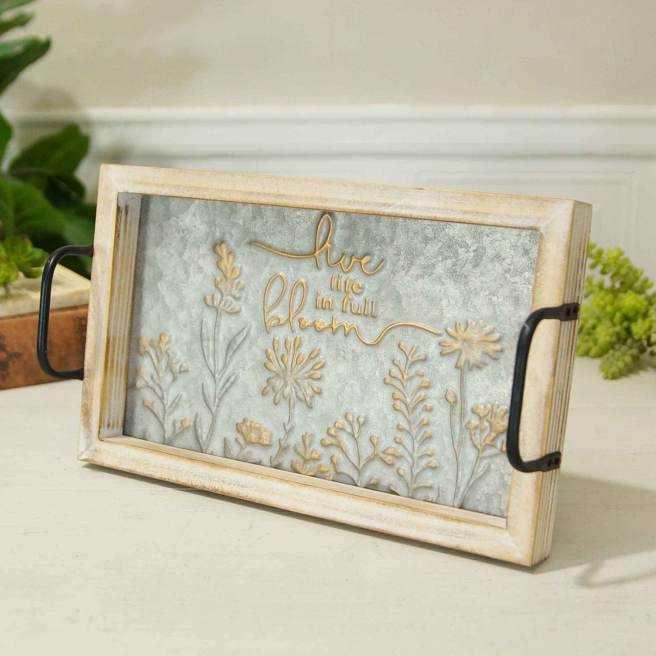 Metal Embossed Tray Wood "Live Life in Full Bloom" - Image 2