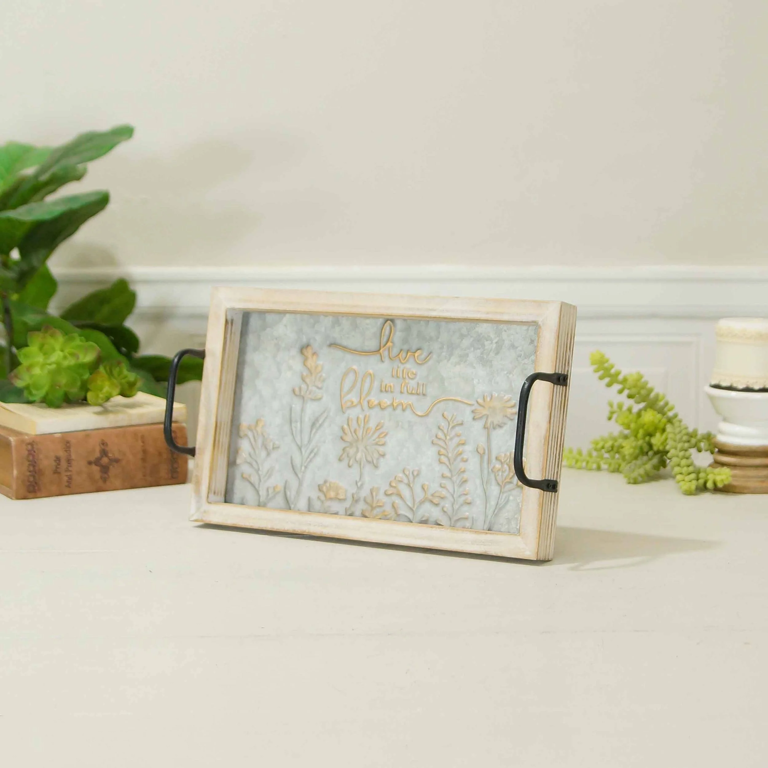 Metal Embossed Tray Wood "Live Life in Full Bloom" - Image 3
