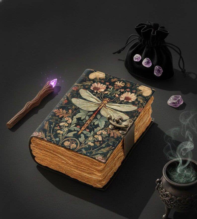 Dragonfly Leather Journal with Lock Handmade Vintage Grimoir - Image 3
