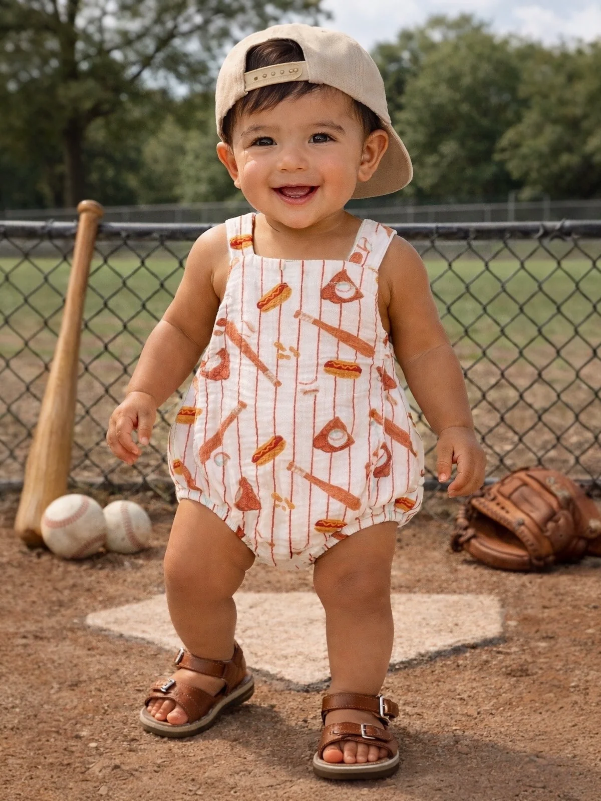 Muslin Retro Sunsuit, Baseball Game: 6 - 12 mo