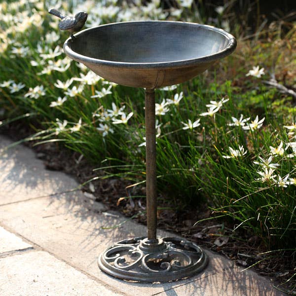 Antique-Style Metal Birdbath with Bird Accent - Image 2