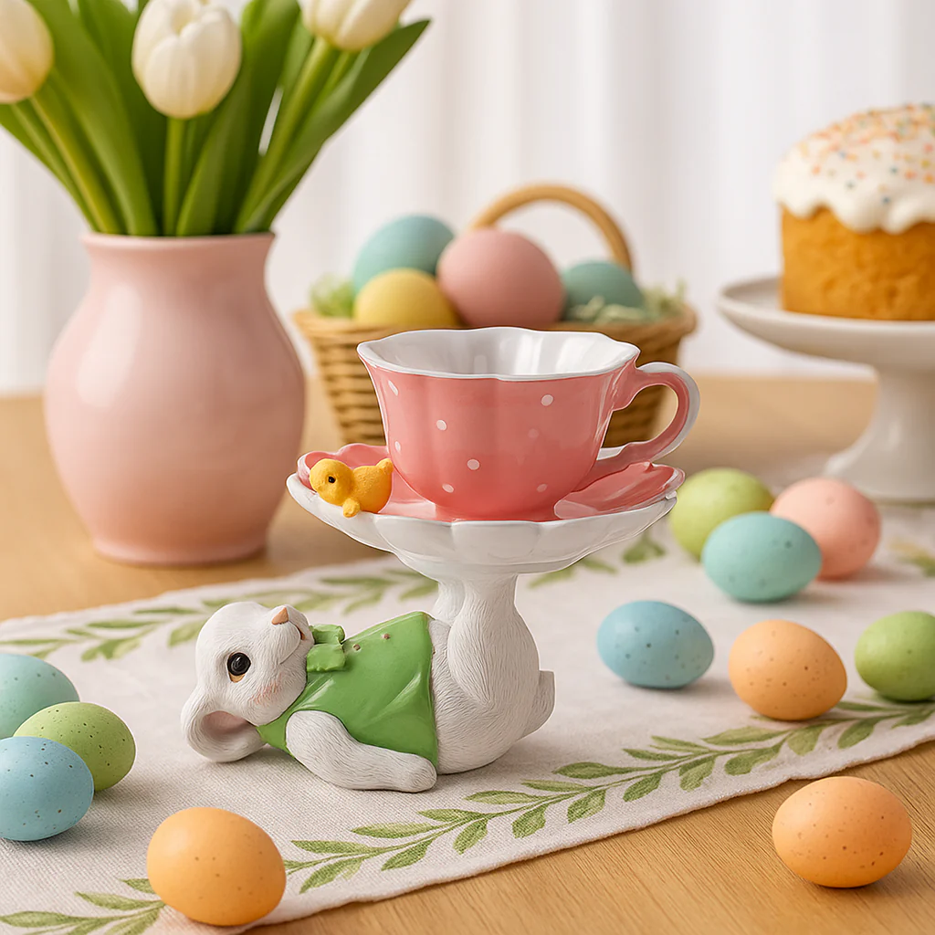 Bunny with Pink Teacup Figurine - Image 2