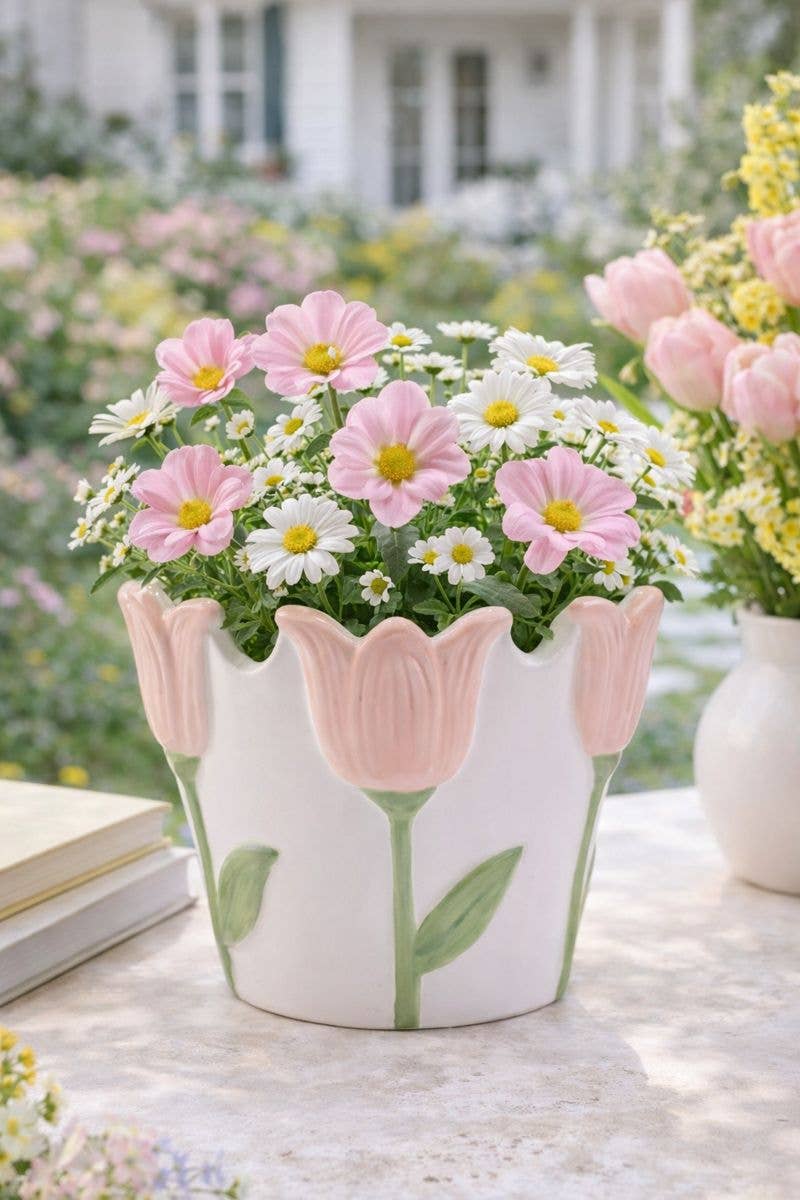 White/Pink Tulip Planter -Spring - Image 2
