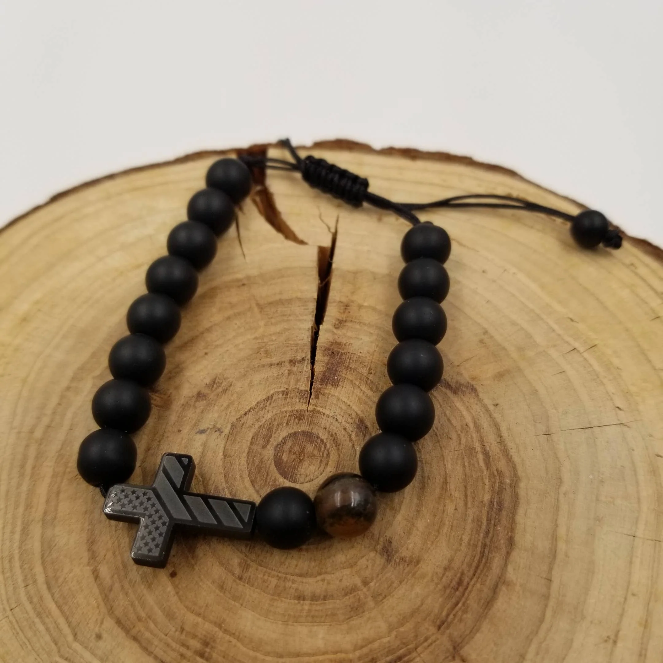 Natural Tiger Eye Stone Obsidian Cross Baptism Bracelet - Image 2
