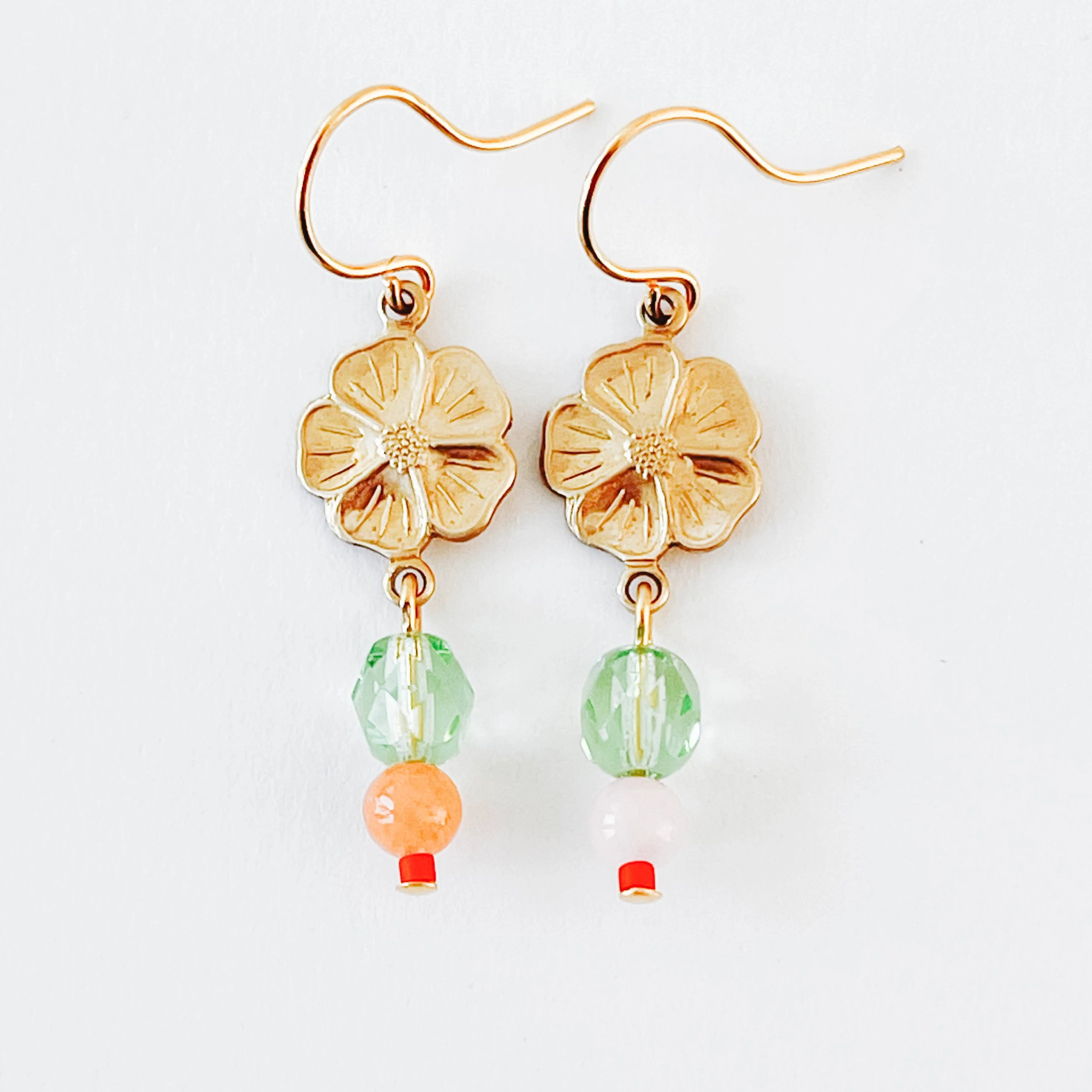 Small Flower With Coral and Rose Quartz Bead Earrings - Image 2