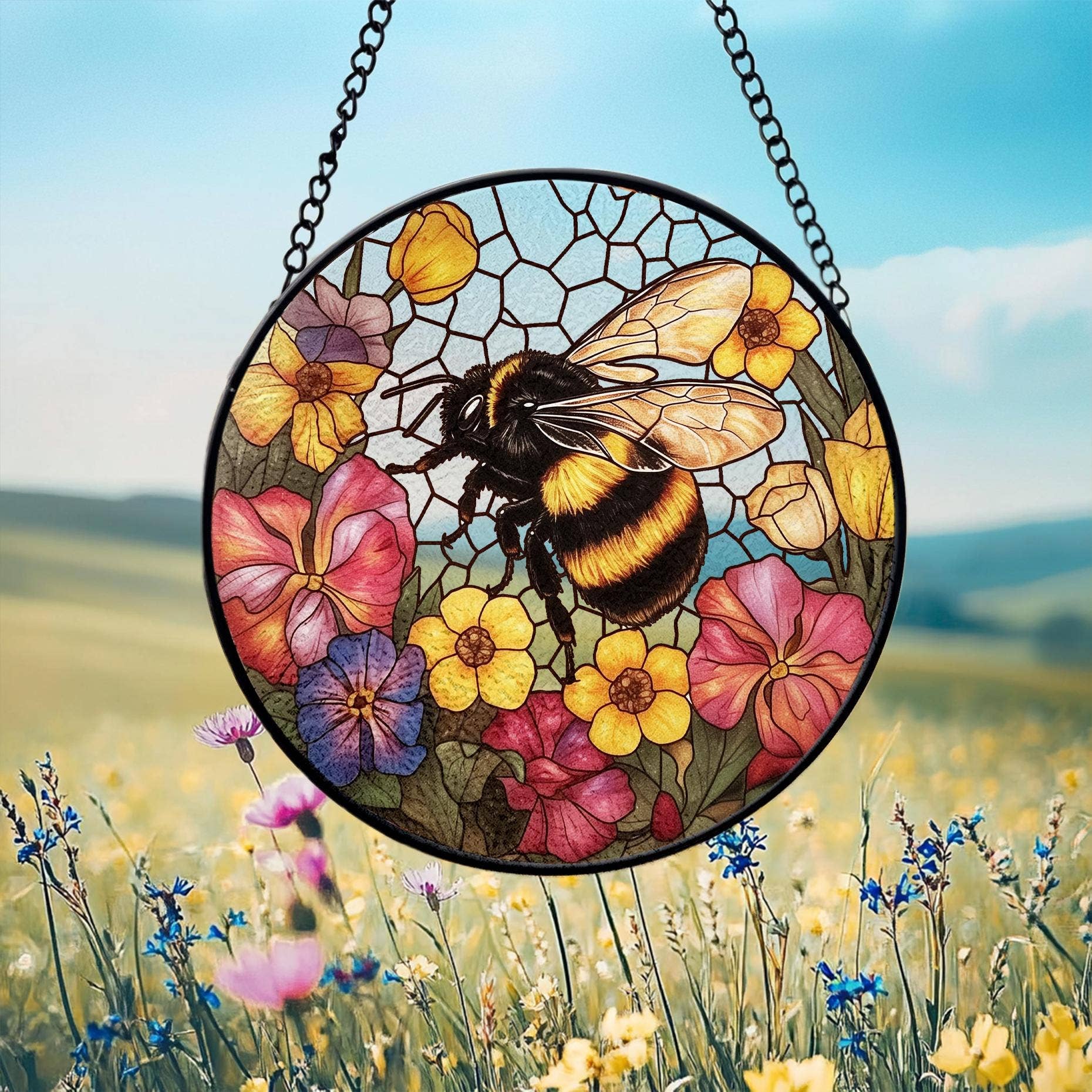 Bee Wildflower Suncatcher, Bee Stained Glass Ornament - Image 2