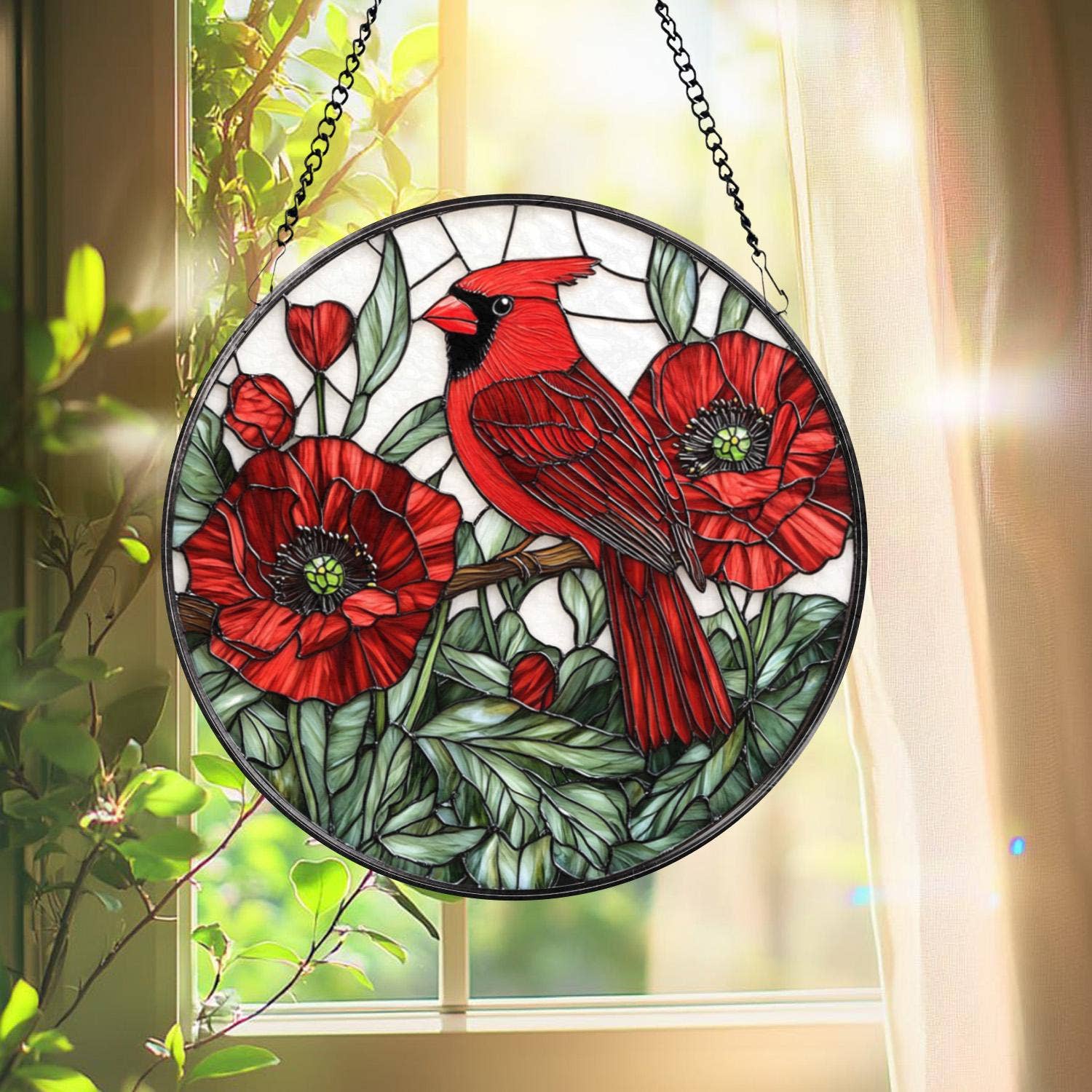 Cardinal and Red Poppy Suncatcher, Floral Ornament - Image 2