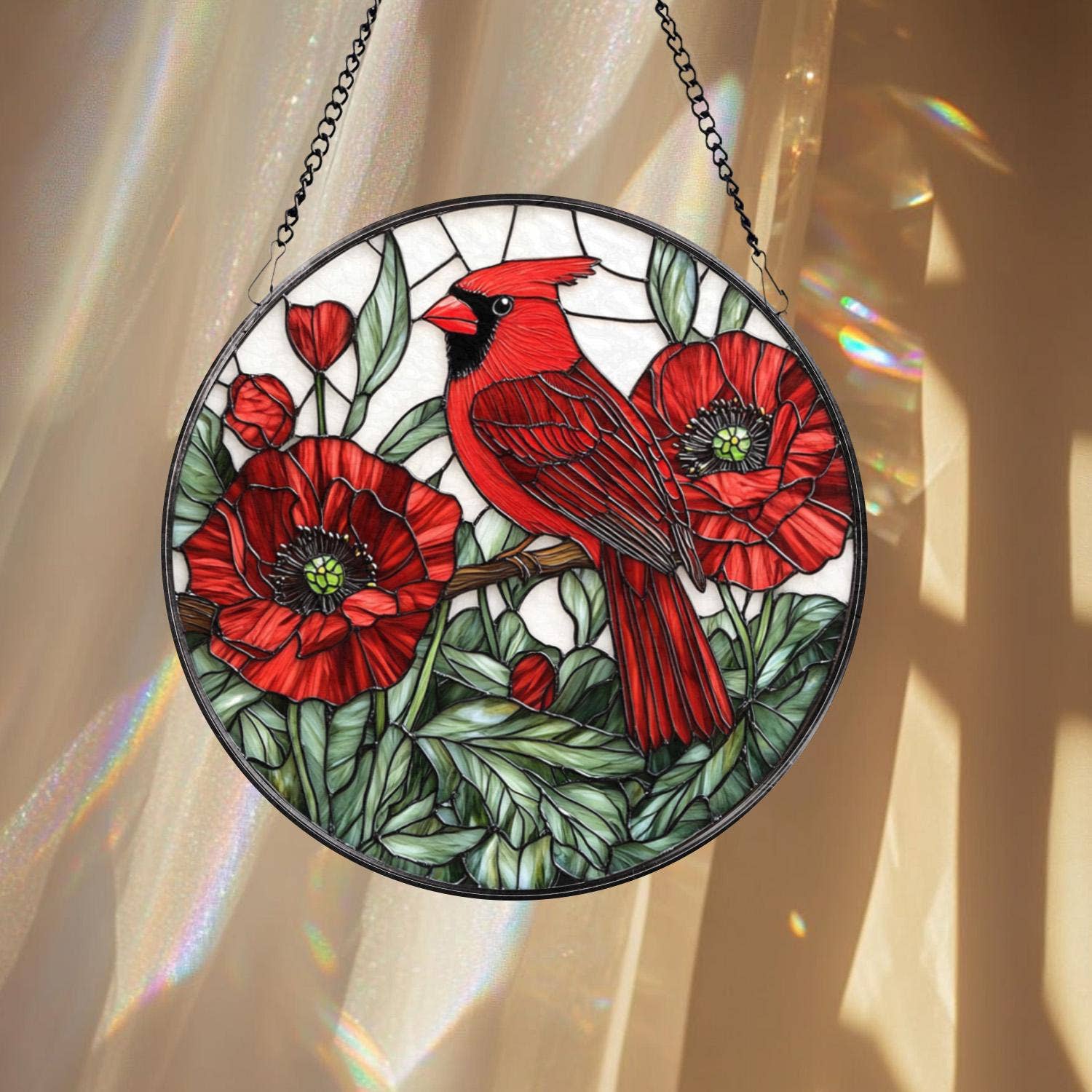 Cardinal and Red Poppy Suncatcher, Floral Ornament - Image 3