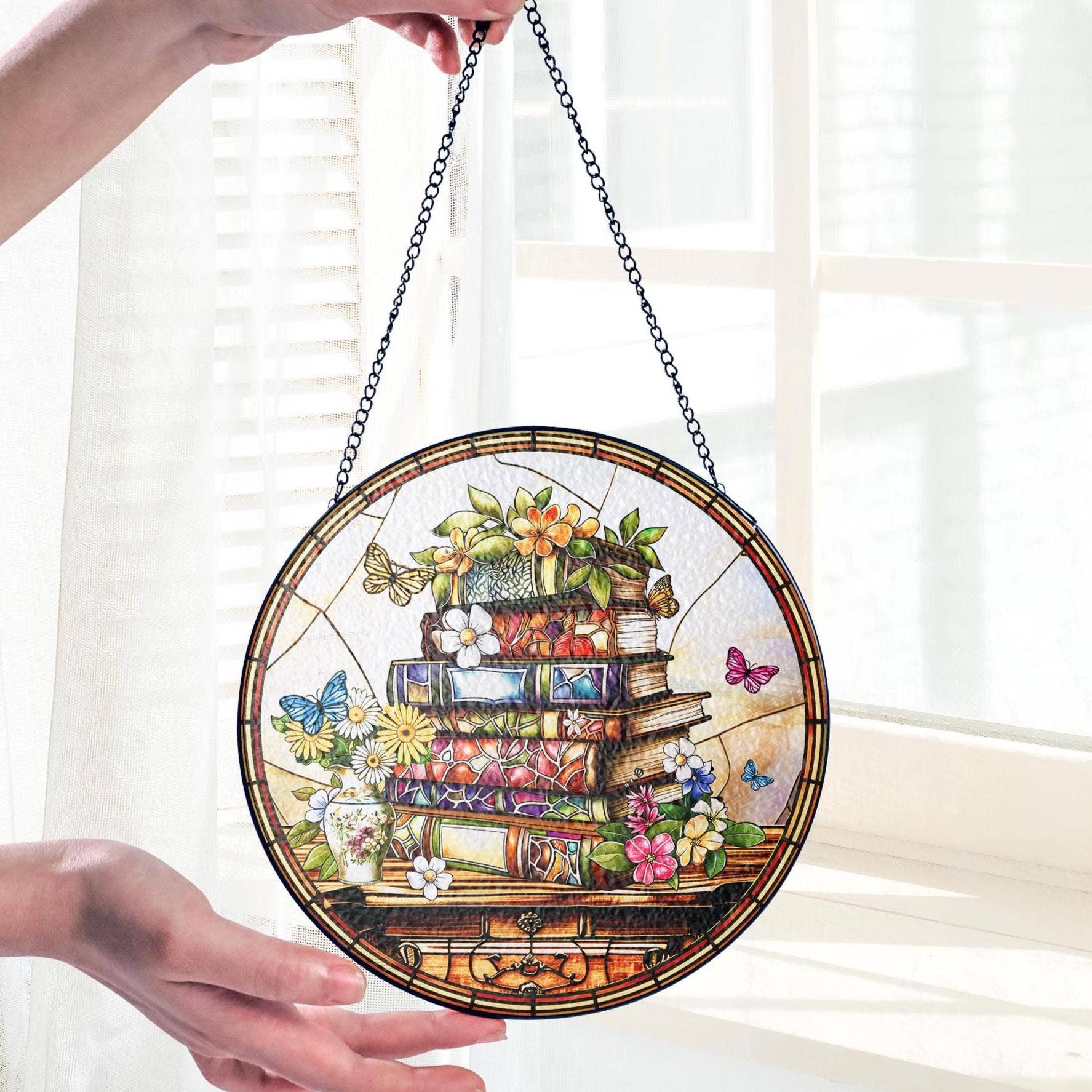 Flower Book Stained Glass Suncatcher, Book Club Ornament - Image 3