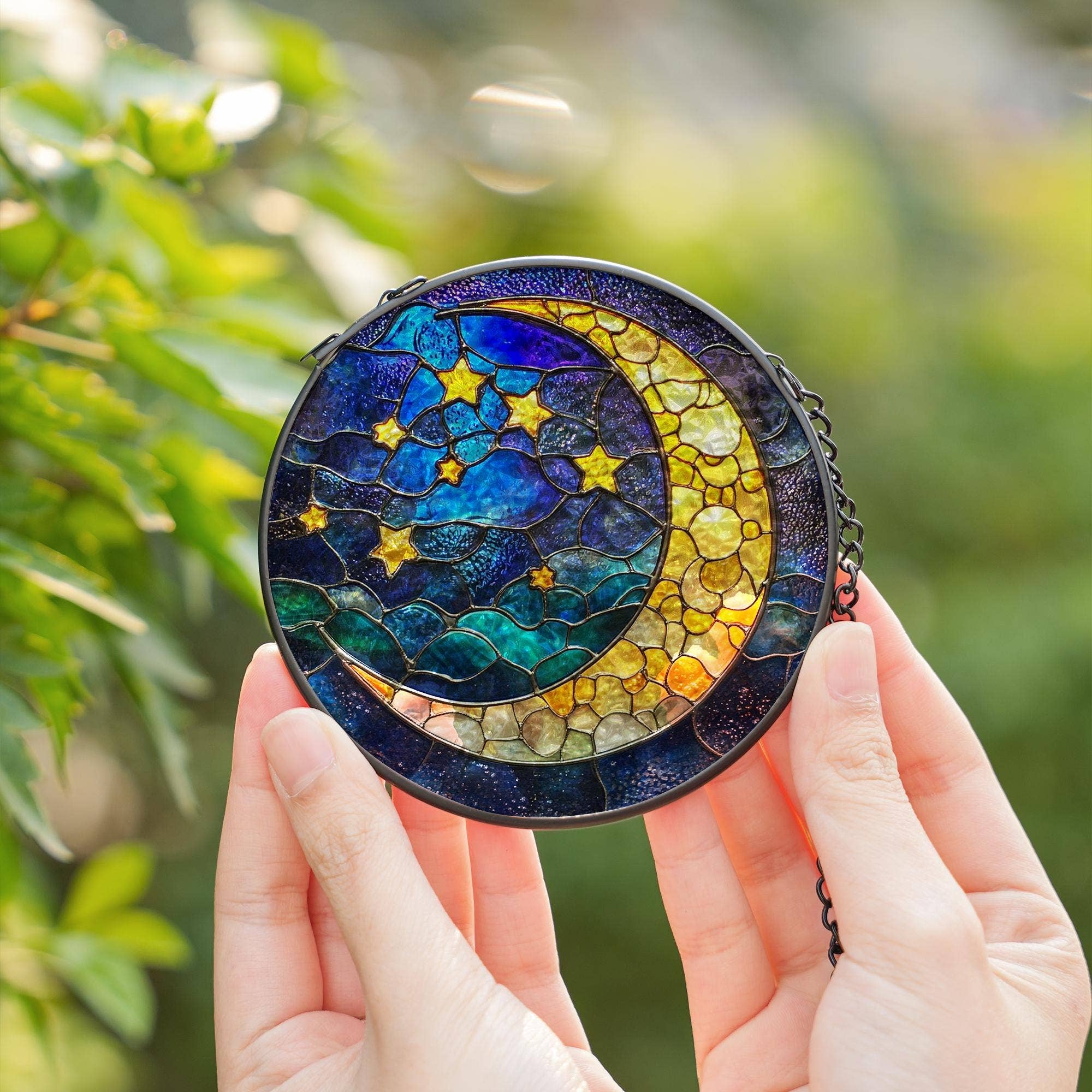Moon and Stars Stained Glass Suncatcher, Mystical Night - Image 2